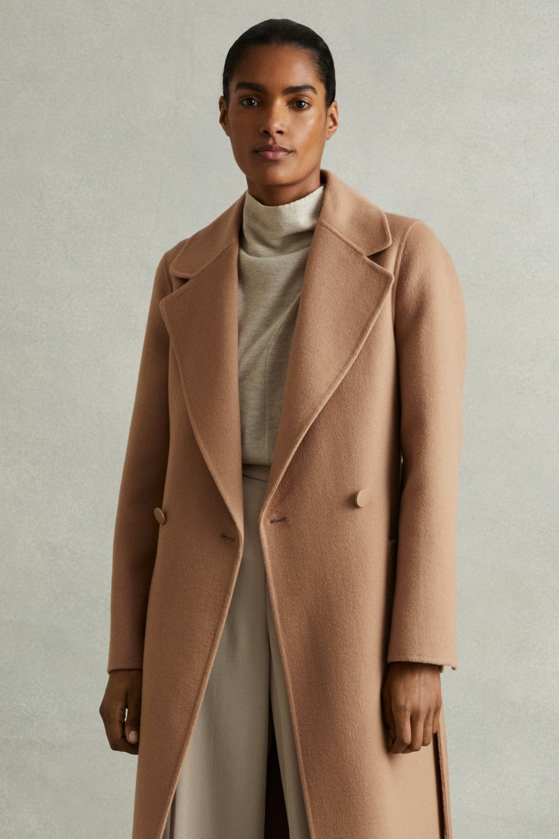 Shop Reiss Light Camel Petite Wool Blend Double Breasted Blindseam Coat