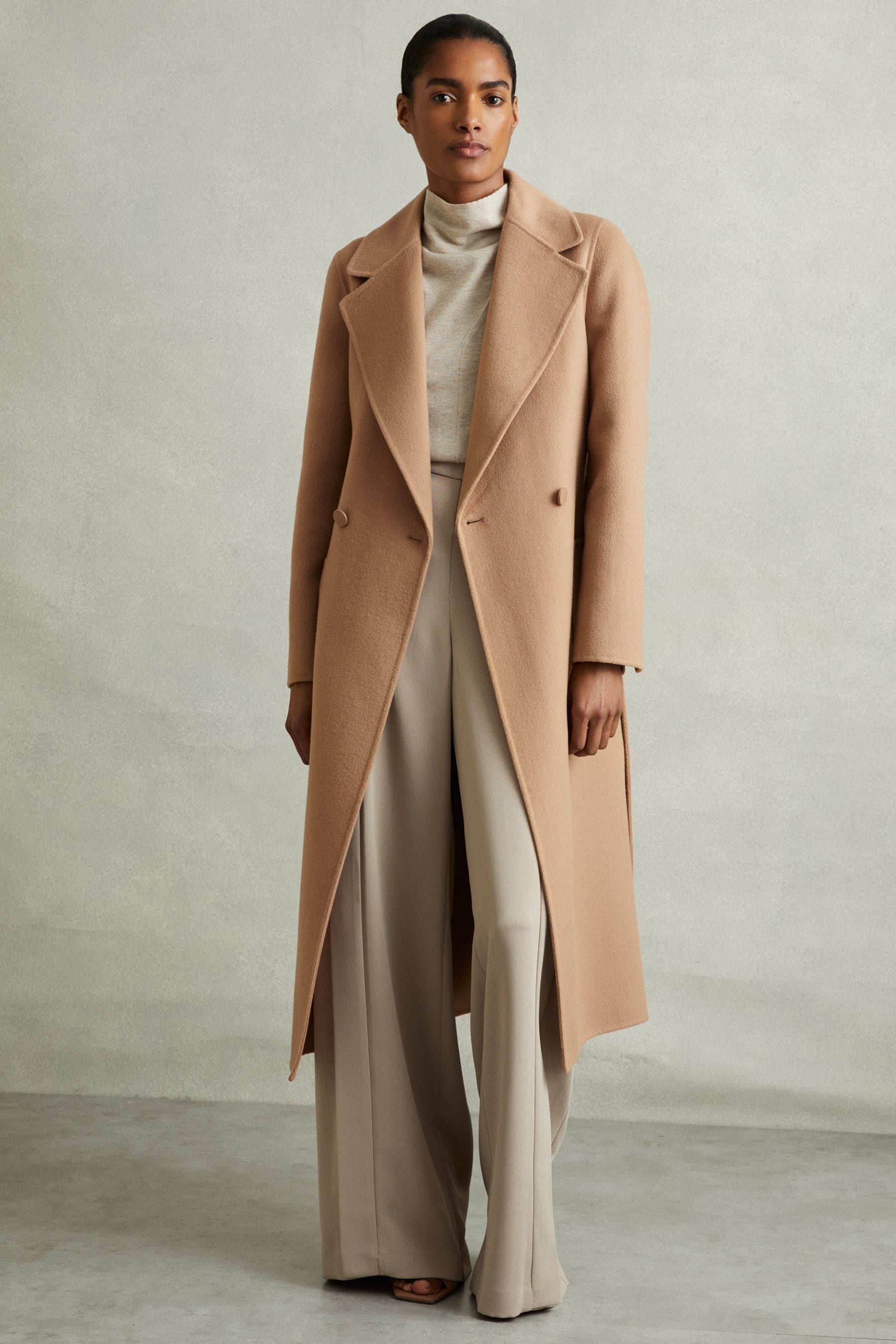 Reiss Light Camel Lucia Petite Wool Blend Double Breasted Blindseam Coat In Light Camel