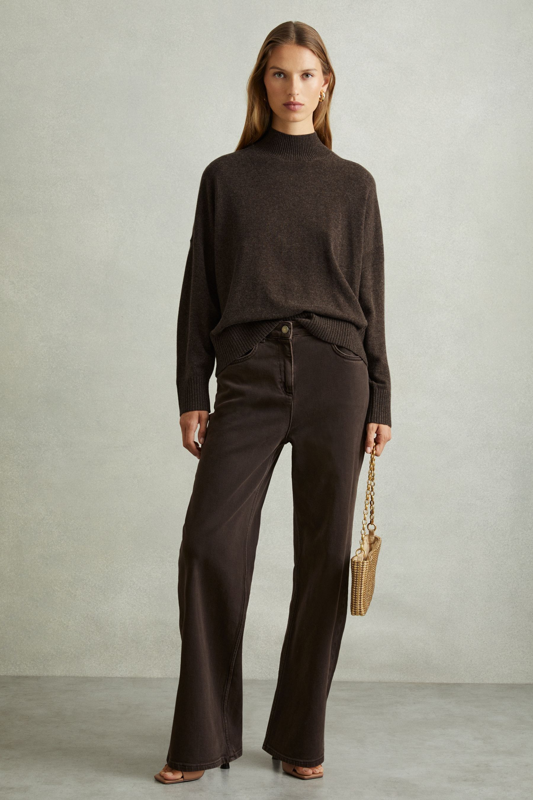 Reiss Chocolate Wool Blend Funnel Neck Jumper In Chocolate