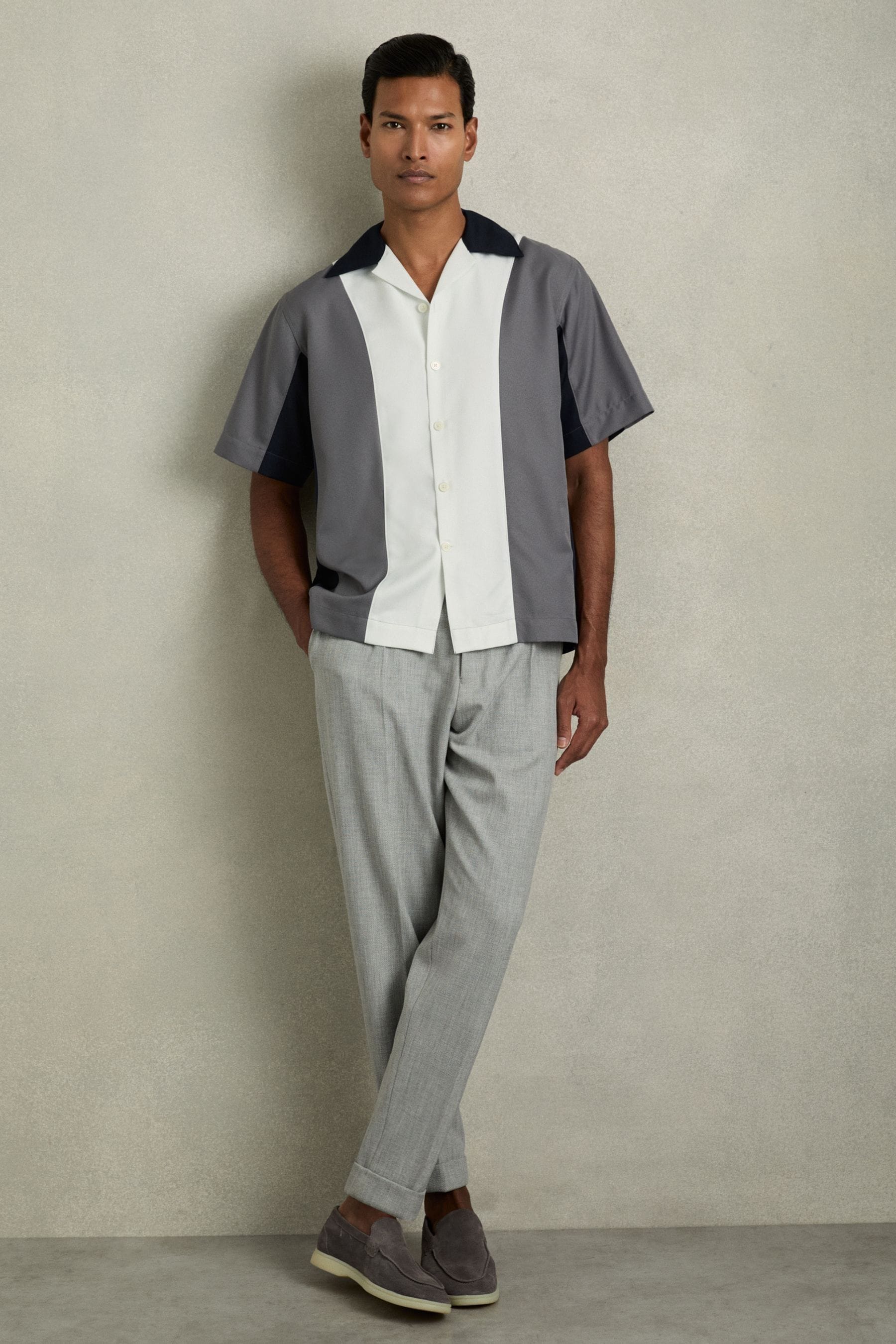 REISS BLUE MULTI DALORIAN COLOURBLOCK CUBAN COLLAR SHIRT