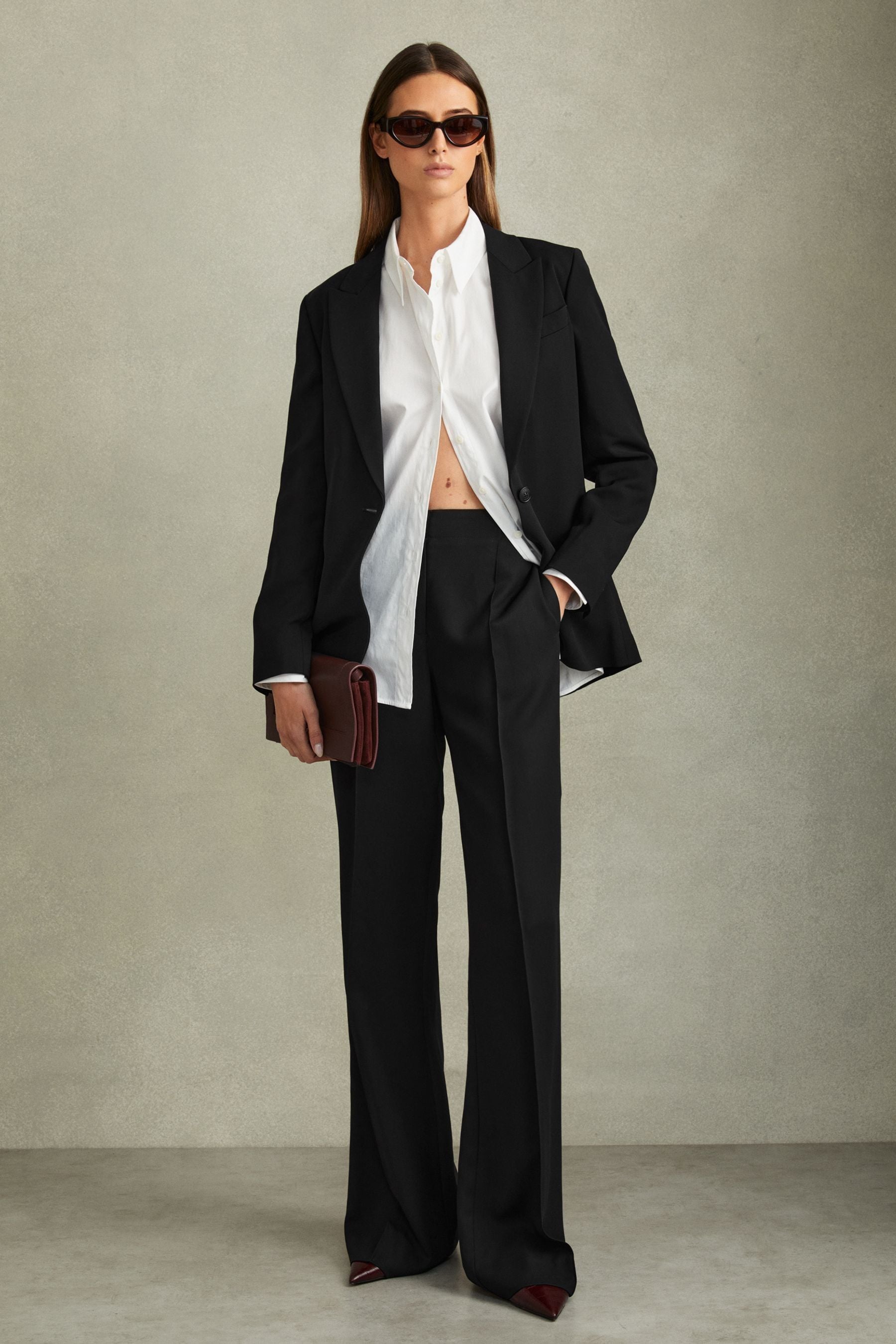 Reiss Tansey Black Fluid Wide Leg Trousers, 14R, Camel & white