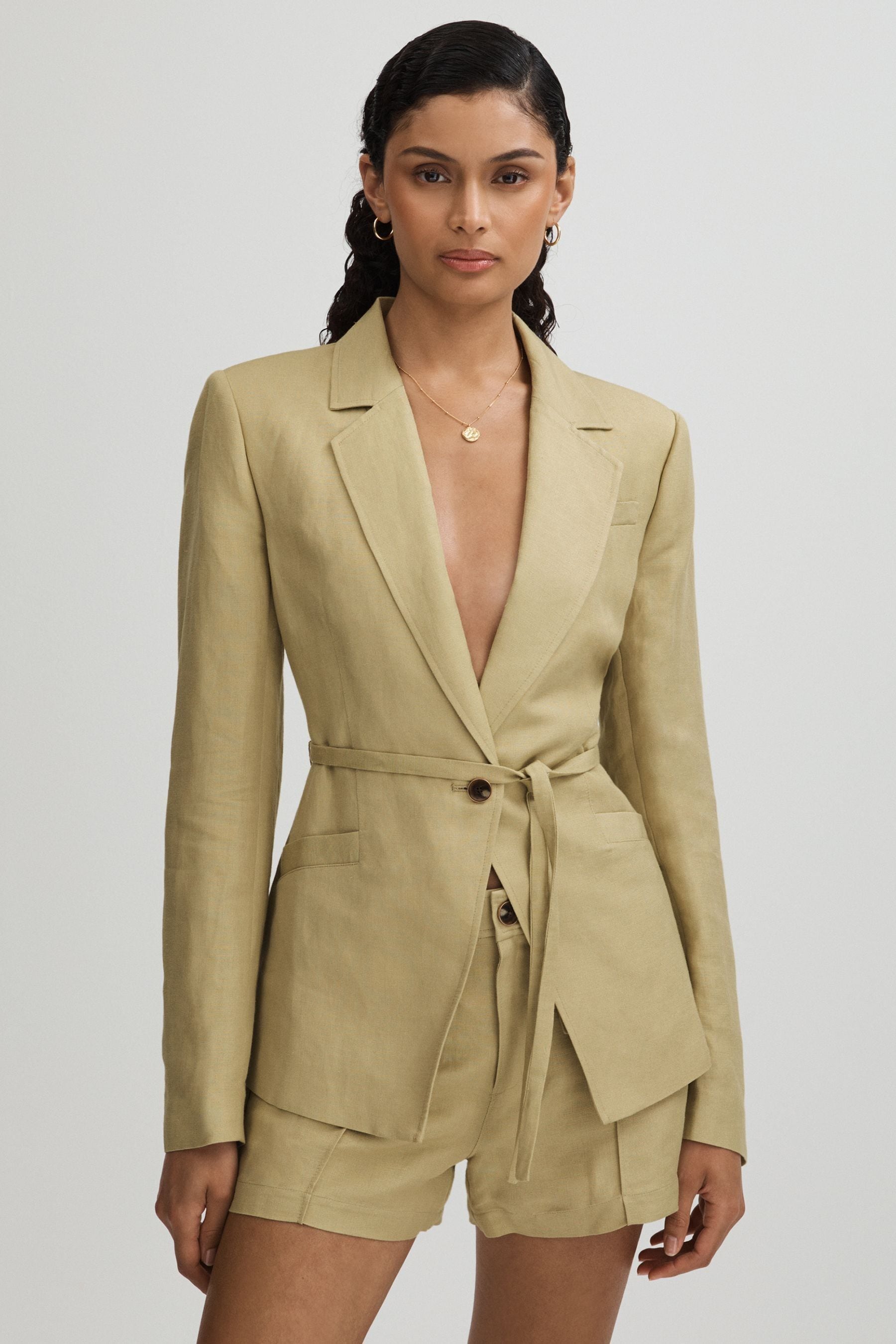Paige Genova Belted Linen-blend Blazer In Olive