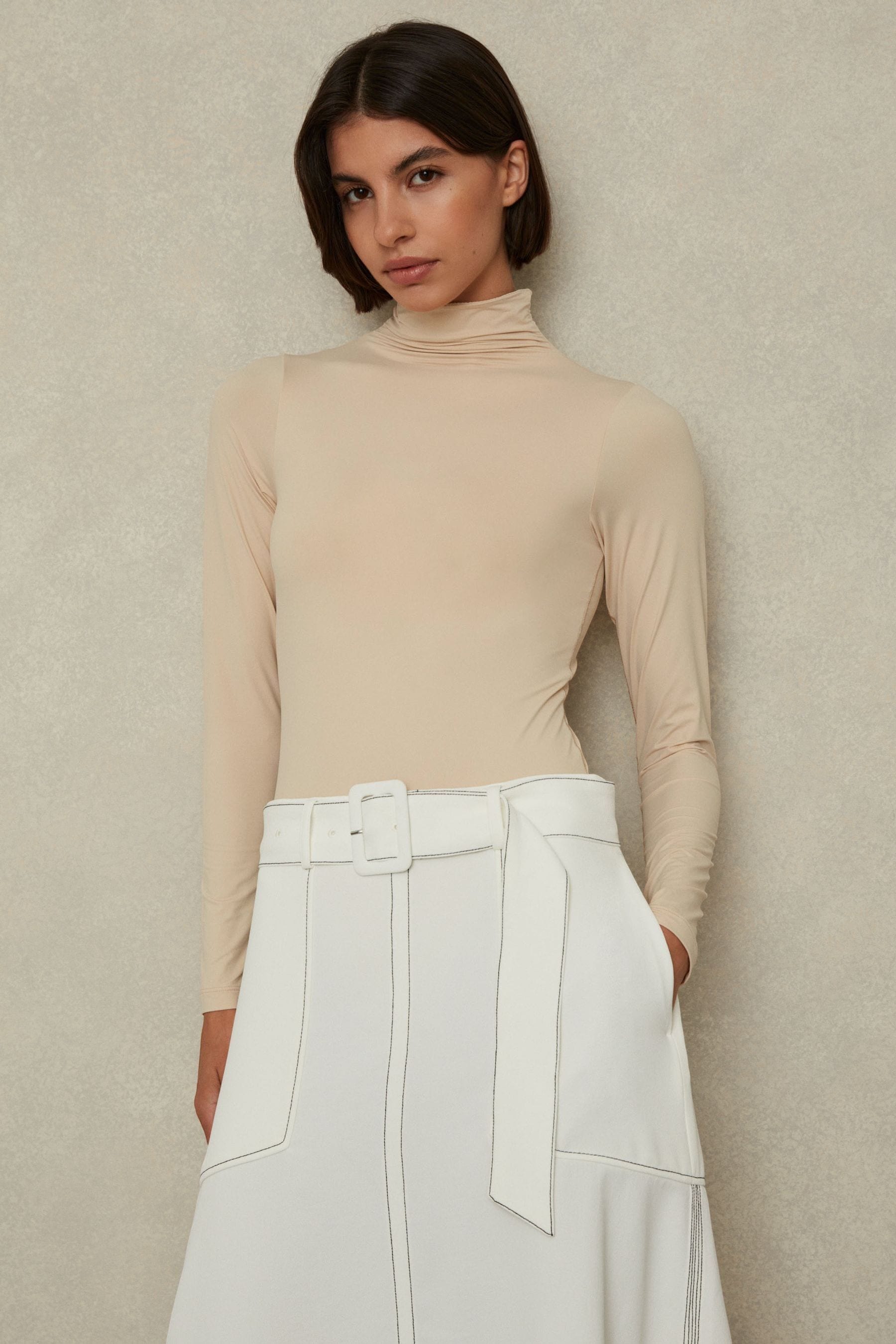 Reiss Neutral Seamless Funnel Neck Thong Bodysuit In Neutral