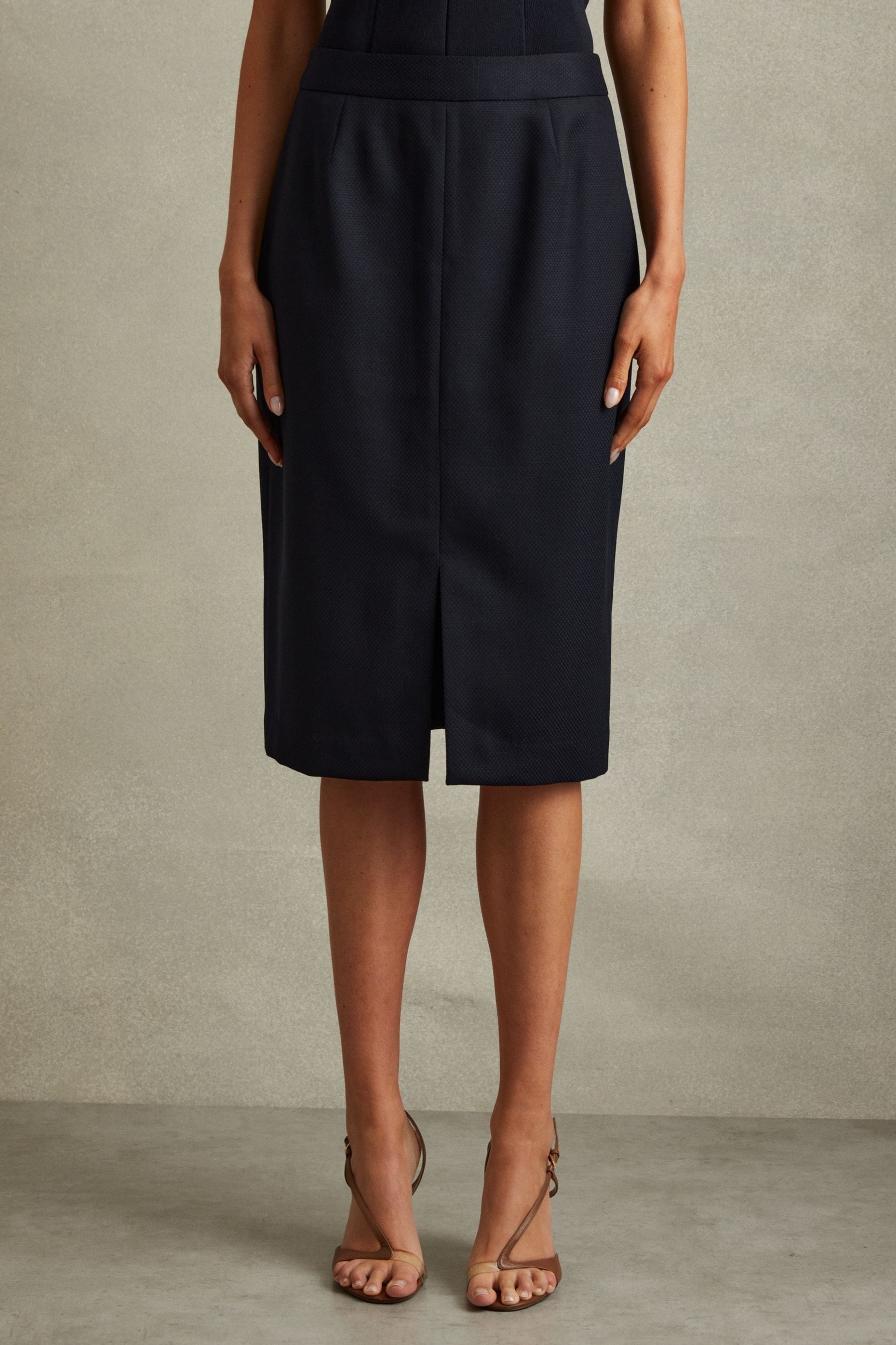 Reiss Navy Petite Textured Pencil Midi Suit Skirt, 12