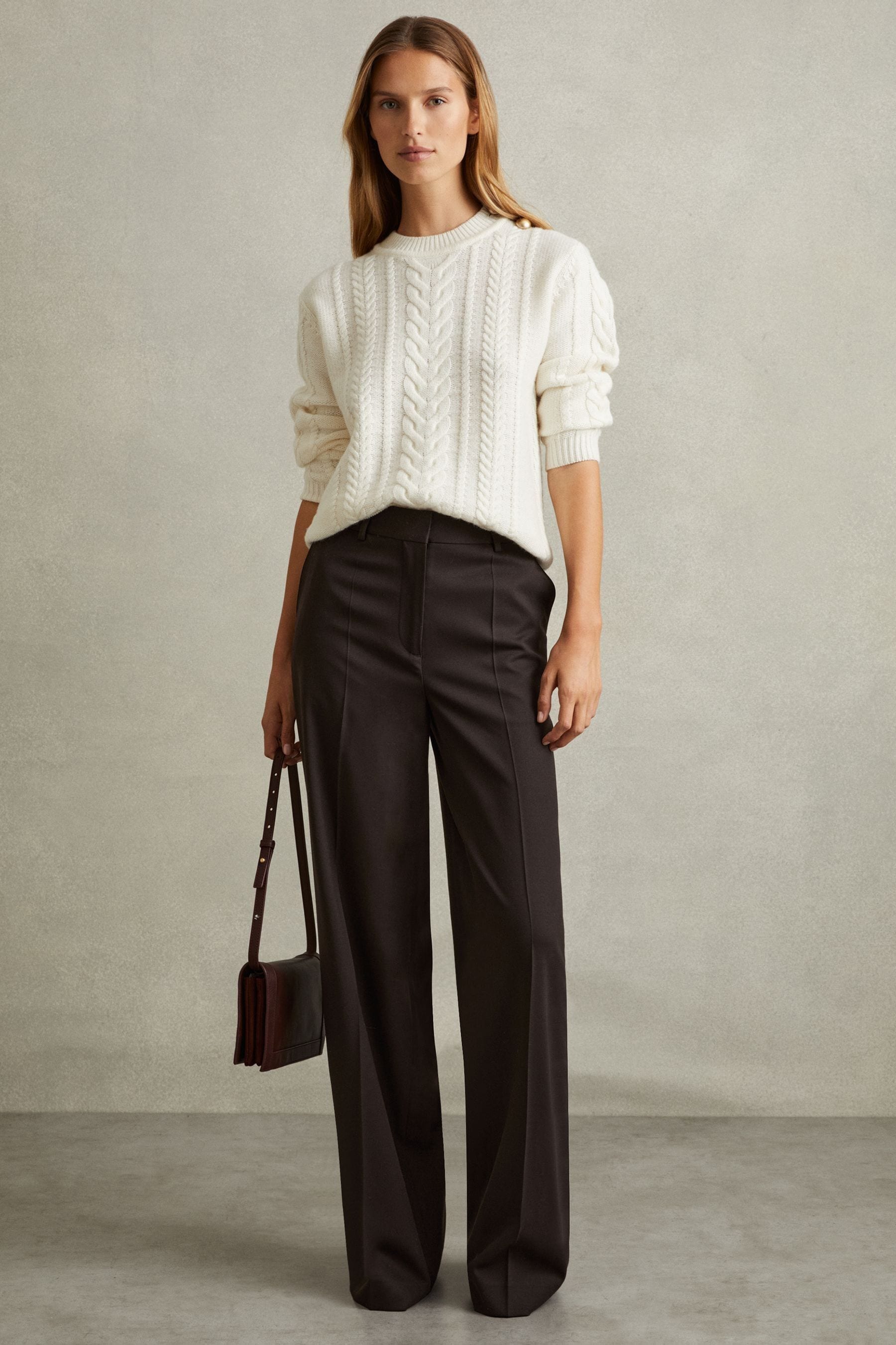 Reiss Chocolate Wool Blend Wide Leg Suit Trousers, 14R