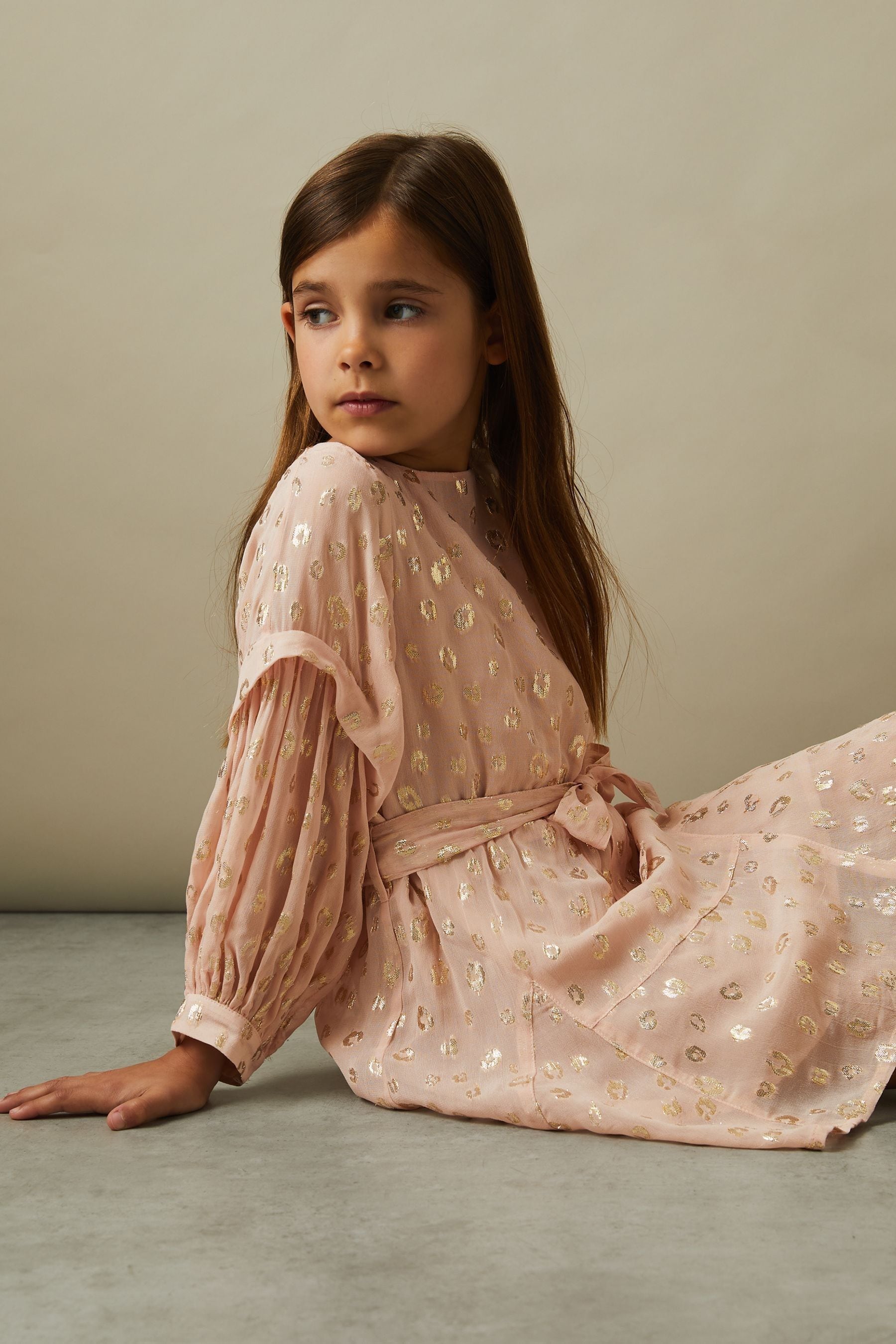 REISS PINK ALLIE 9-13 YRS METALLIC JACQUARD PRINT PUFF SLEEVE DRESS 