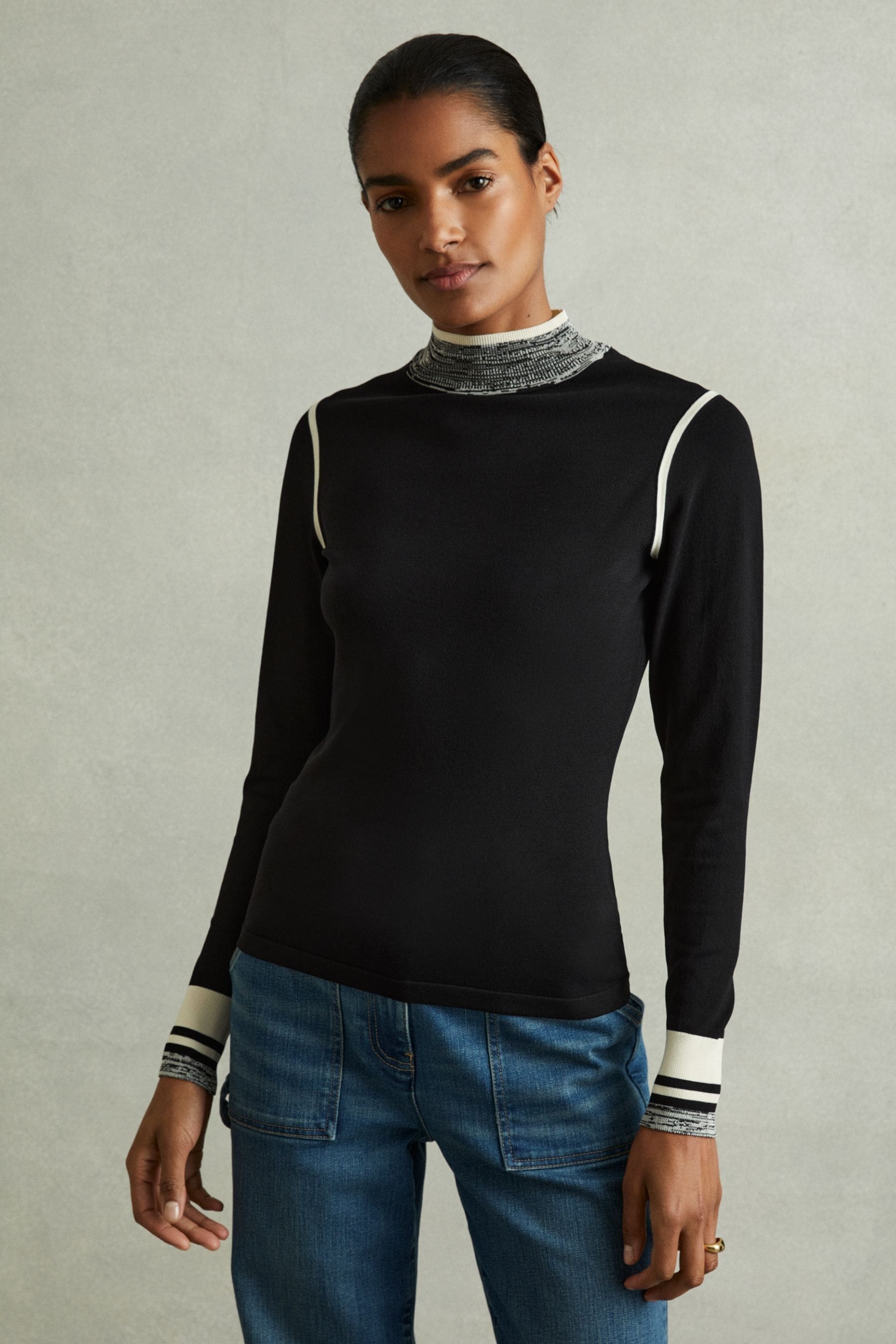 Reiss Women's Black & Cream Knitted High Neck Jumper In Black/cream