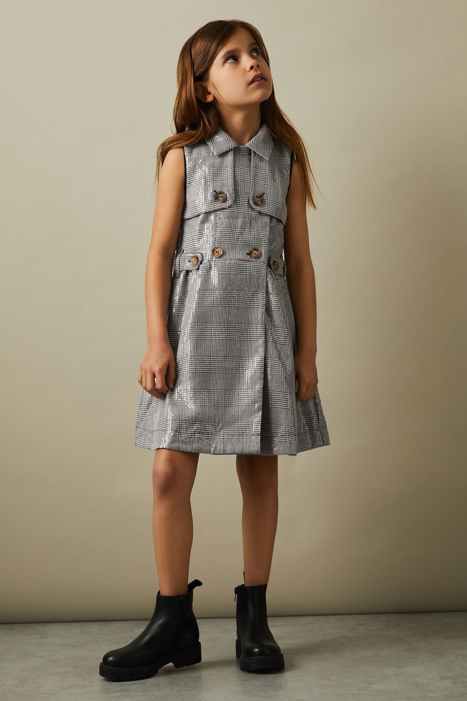 Reiss Black/white 4-9 Yrs Sequin Dogtooth Double-breasted Dress In Black/white