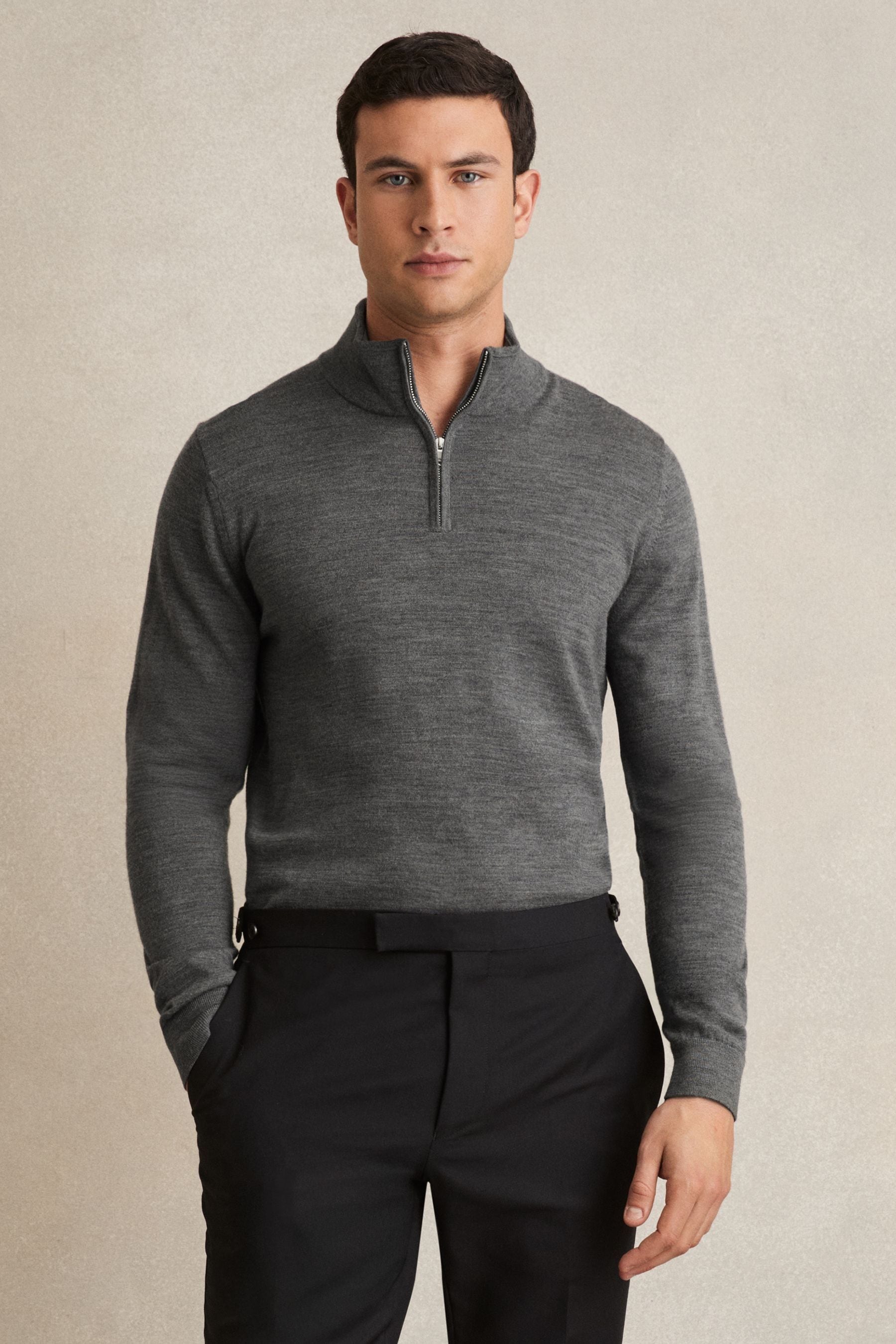 Reiss Derby Grey Marl Merino Wool Half-Zip Funnel Neck Jumper, Xl