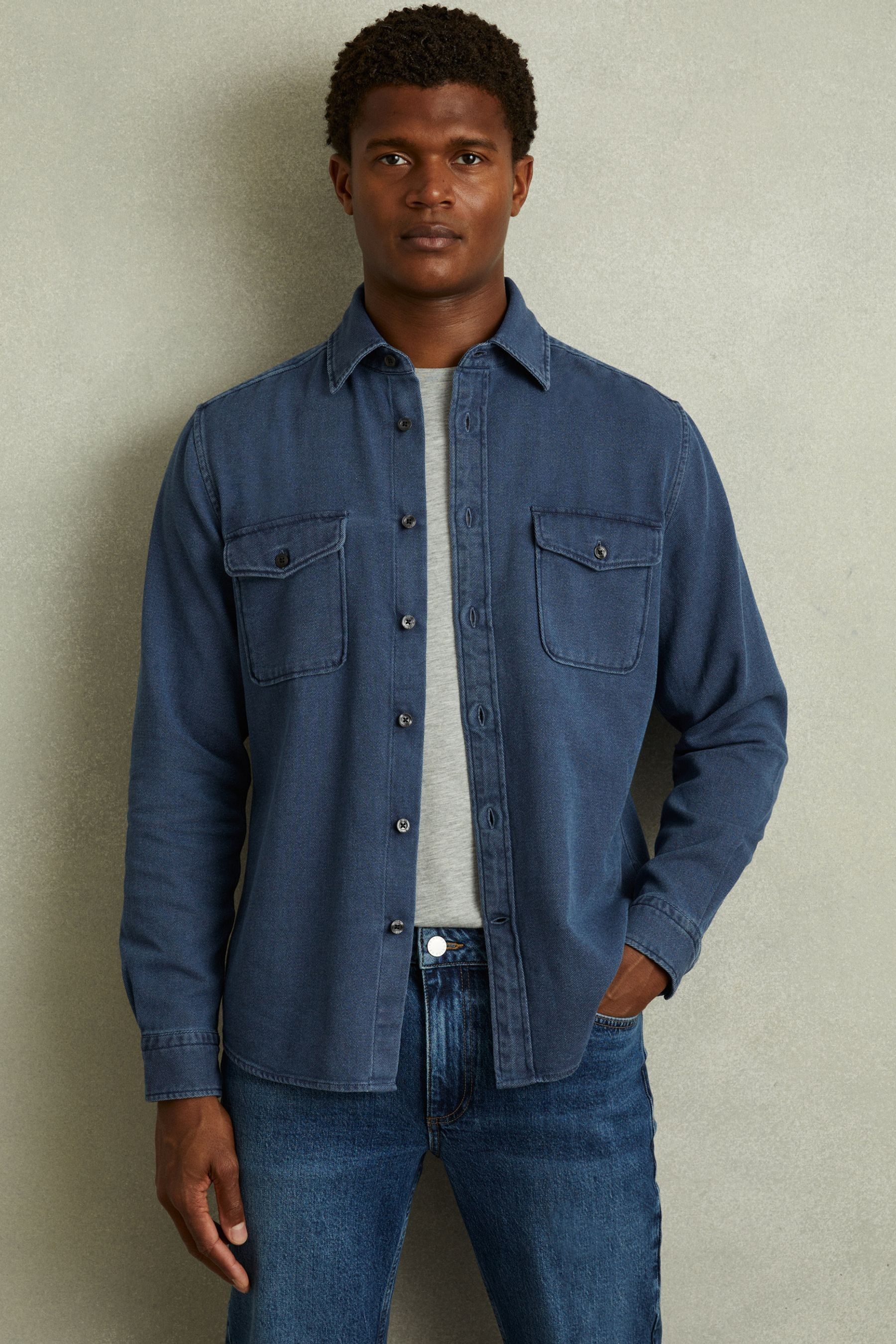 Reiss Indigo Blue Textured Denim Overshirt In Indigo Blue