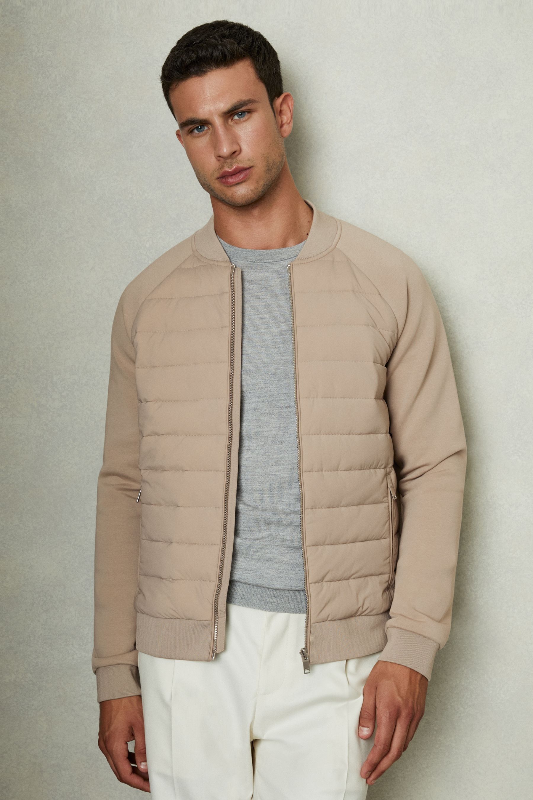 Reiss Biscuit Brown Hybrid Quilt Raglan-Sleeve Bomber Jacket, S