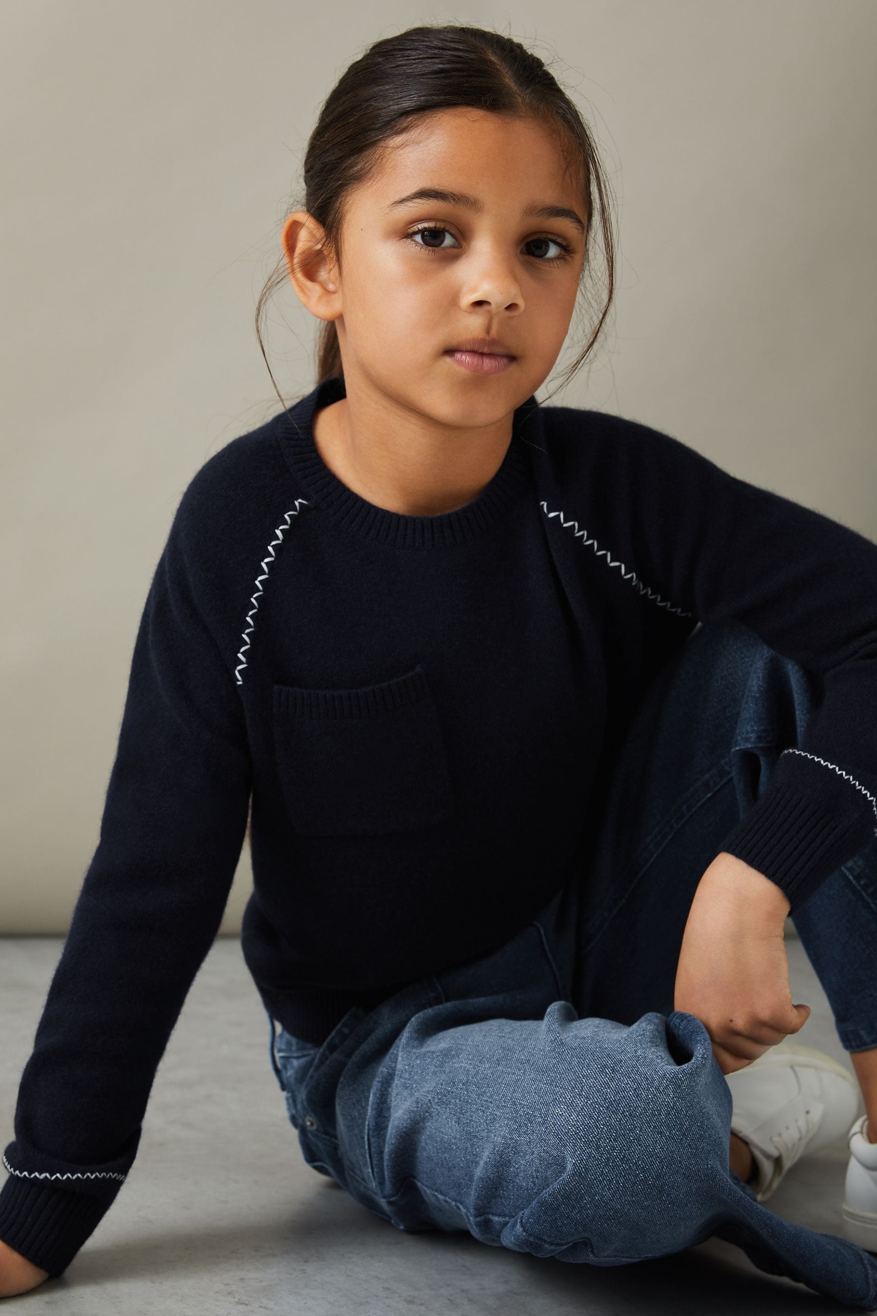 Reiss Navy 9-13 Yrs Contrast Stitch Wool Blend Crew Neck Jumper In Navy