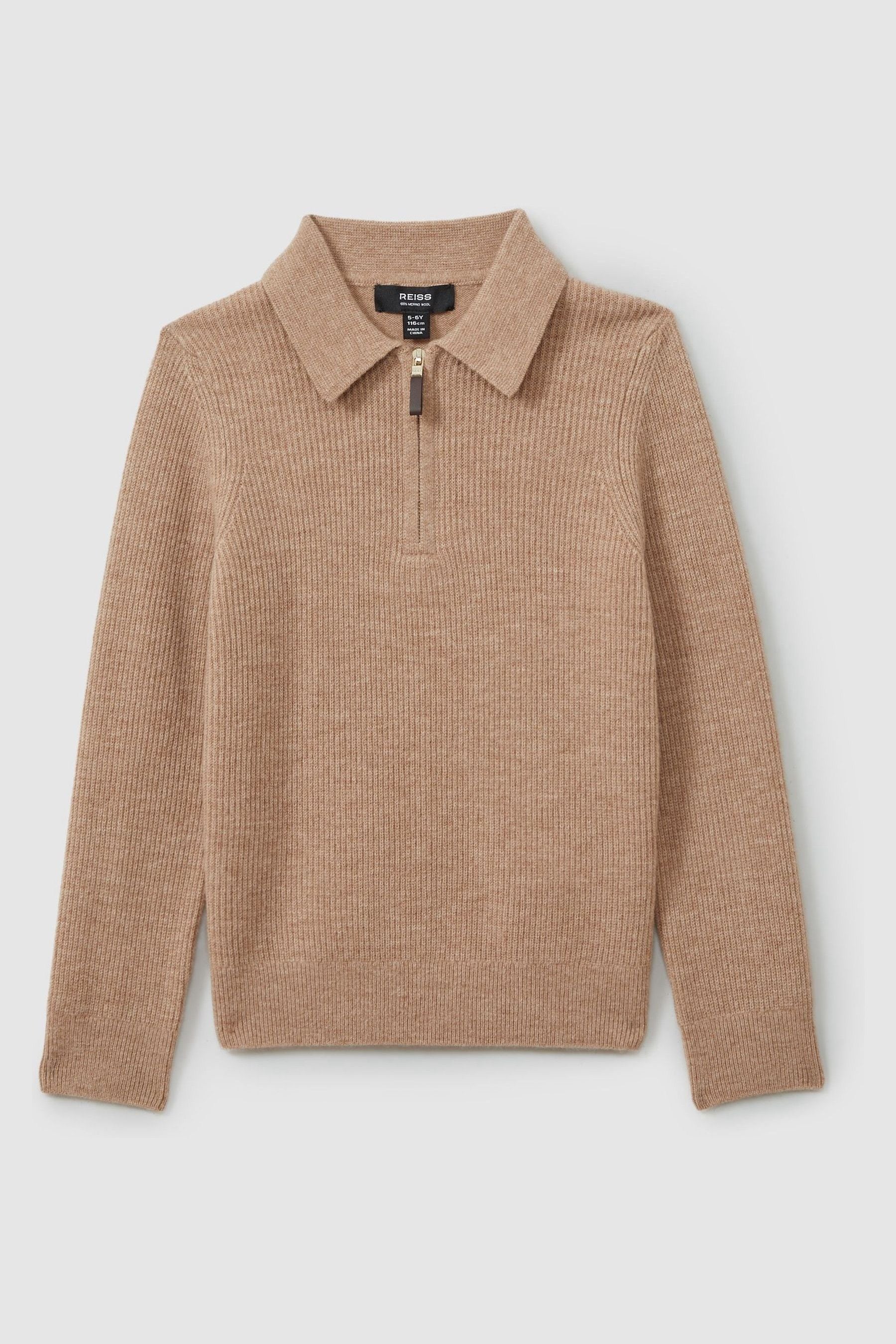 Reiss Soft Camel Brown Teen Merino Wool Half-zip Polo Shirt