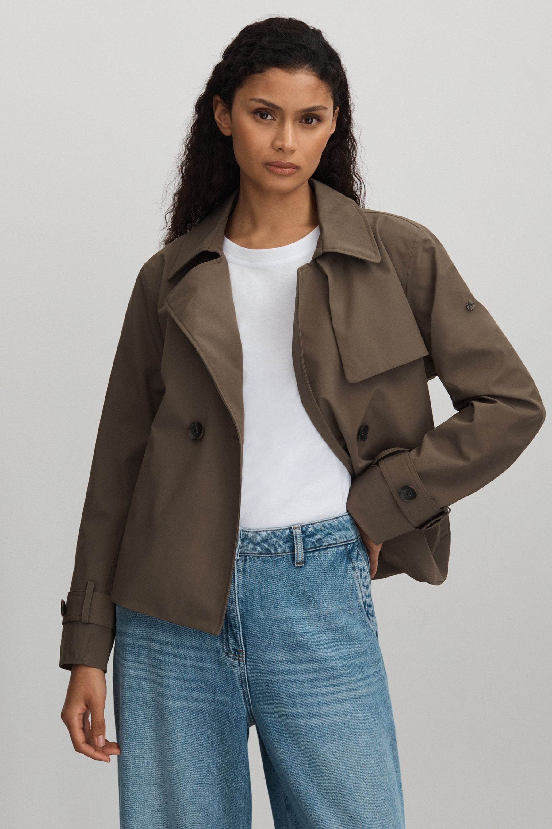 Shop Scandinavian Edition Cropped Trench Coat In Brown