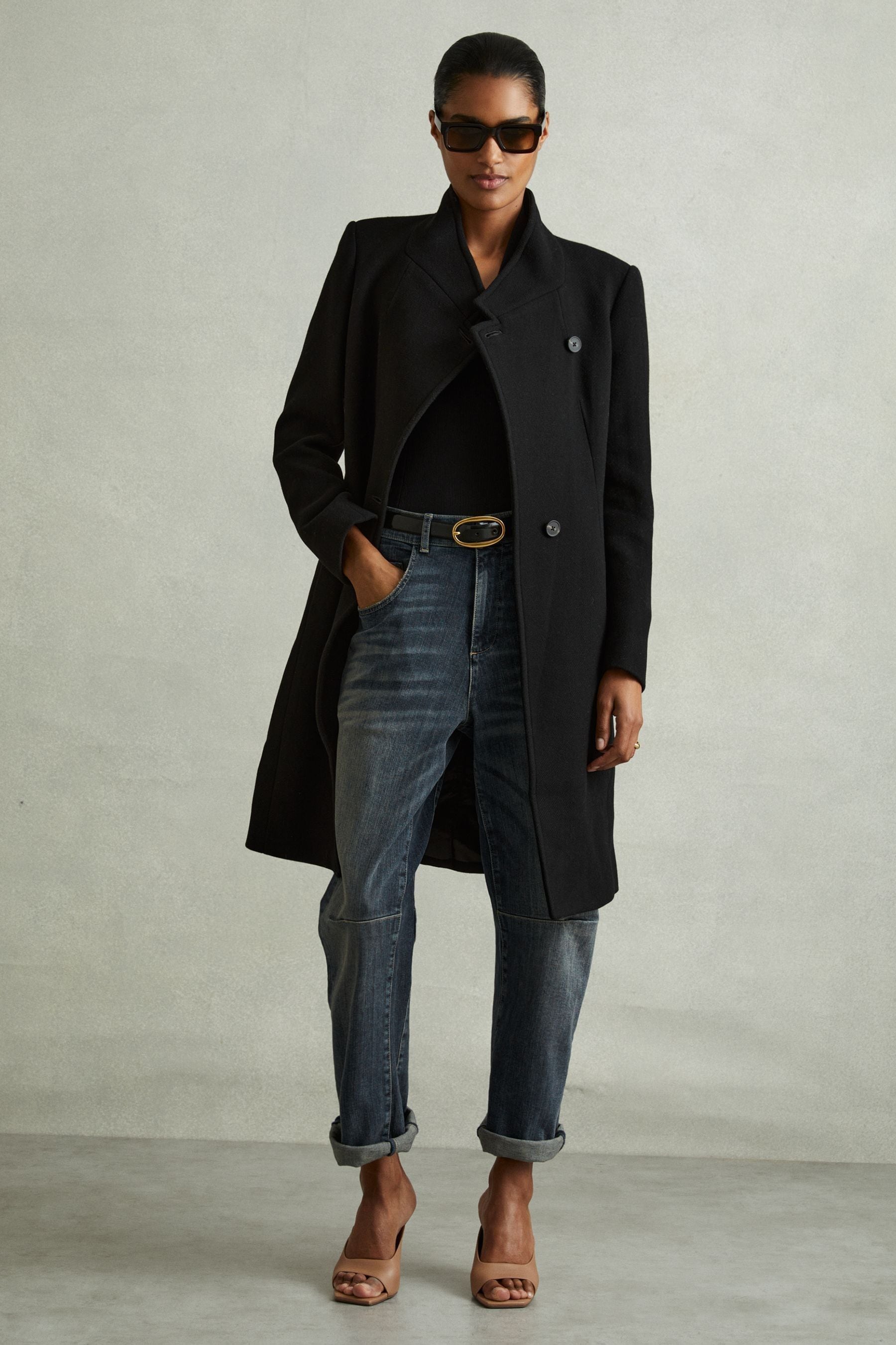 Shop Reiss Black Maude Wool-blend Longline Double-breasted Coat