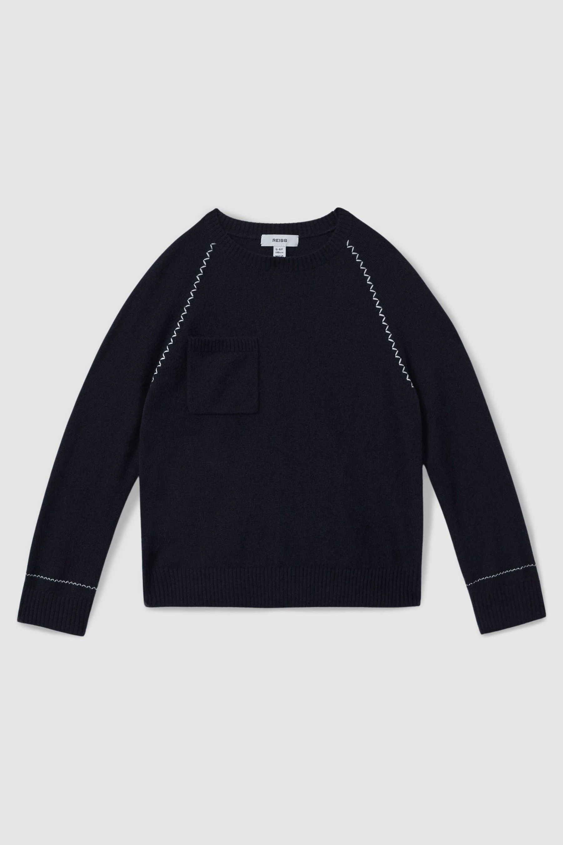 Reiss Navy 9-13 Yrs Contrast Stitch Wool Blend Crew Neck Jumper In Navy