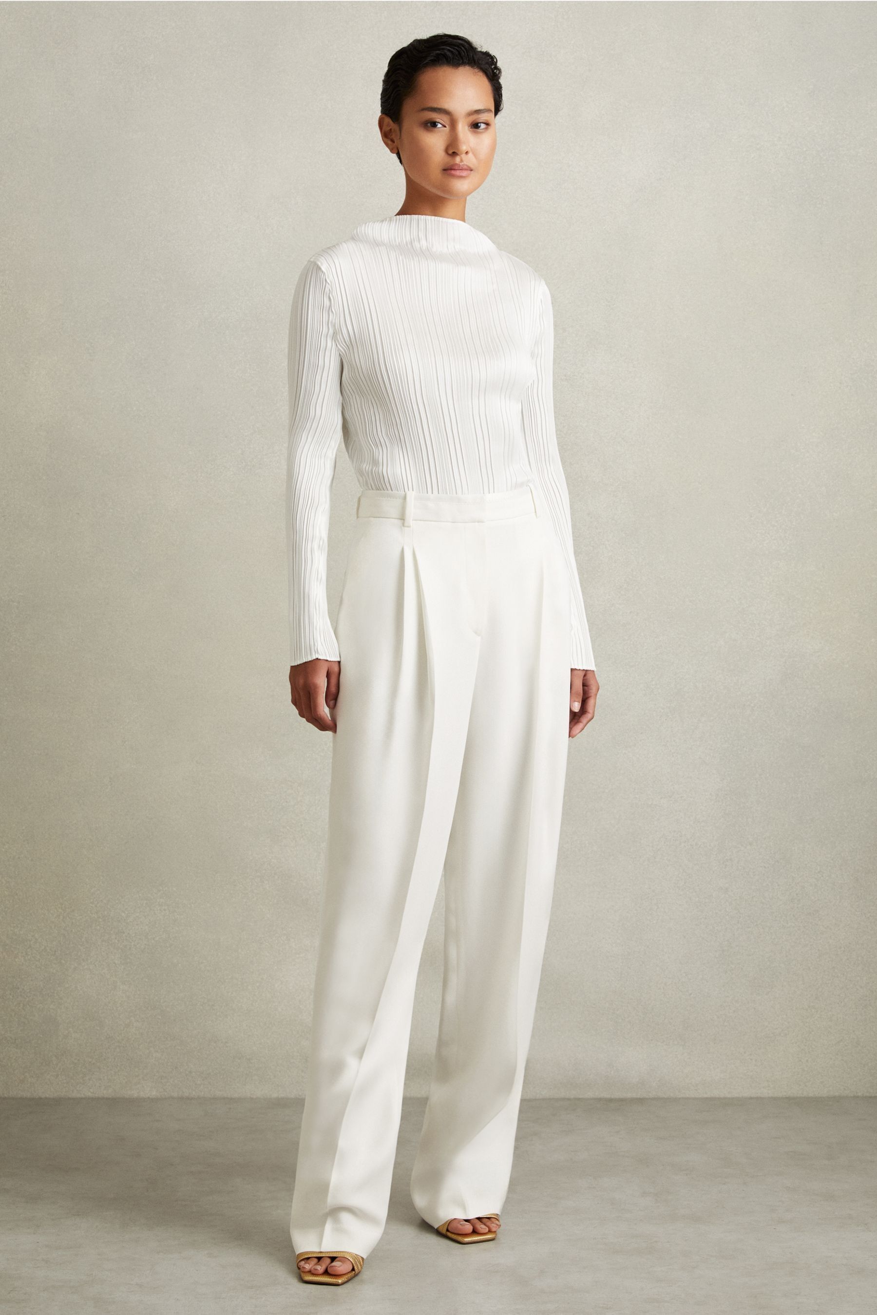 Reiss Cream Lydia Double Pleat Wide Leg Tux Trousers