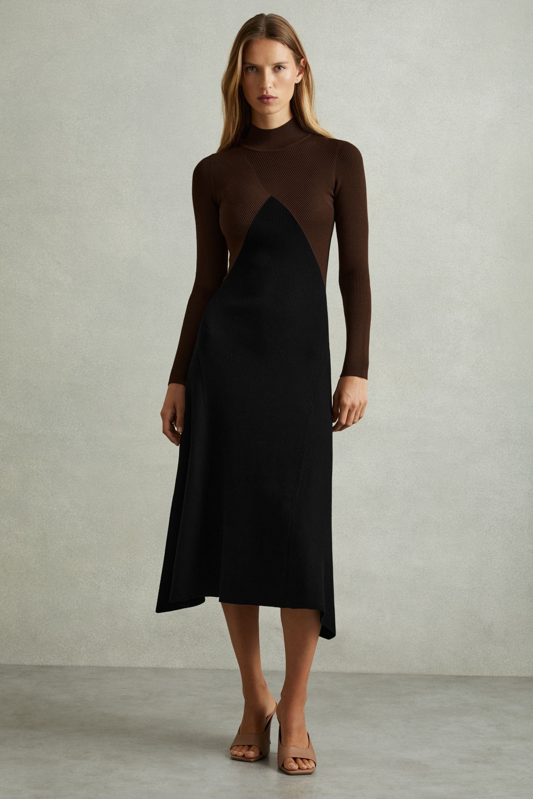 Hope - Chocolate/Black Colourblock Ribbed Midi Dress