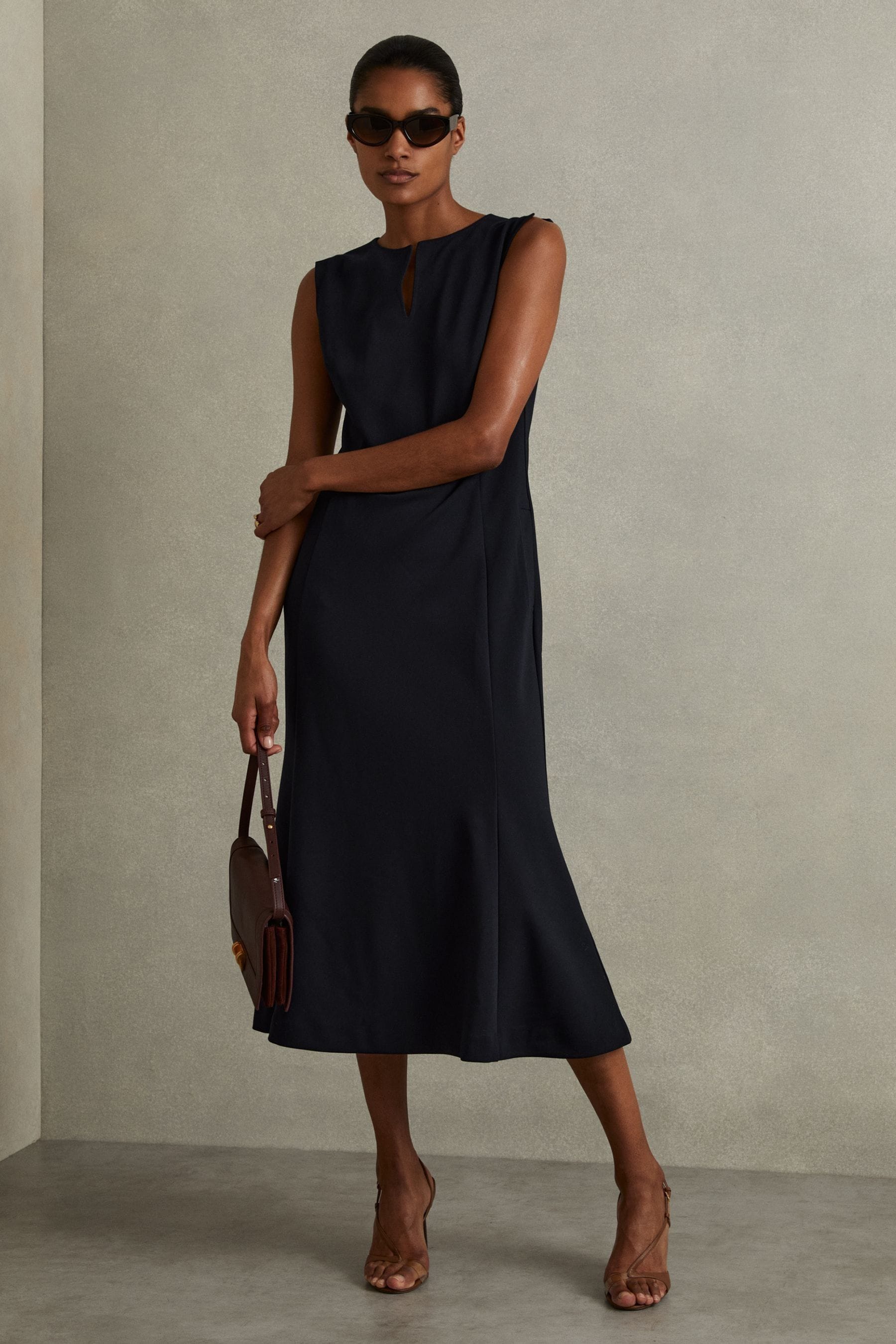 Shop Reiss Navy Cassie Fit-and-flare Split Sleeve Midi Dress