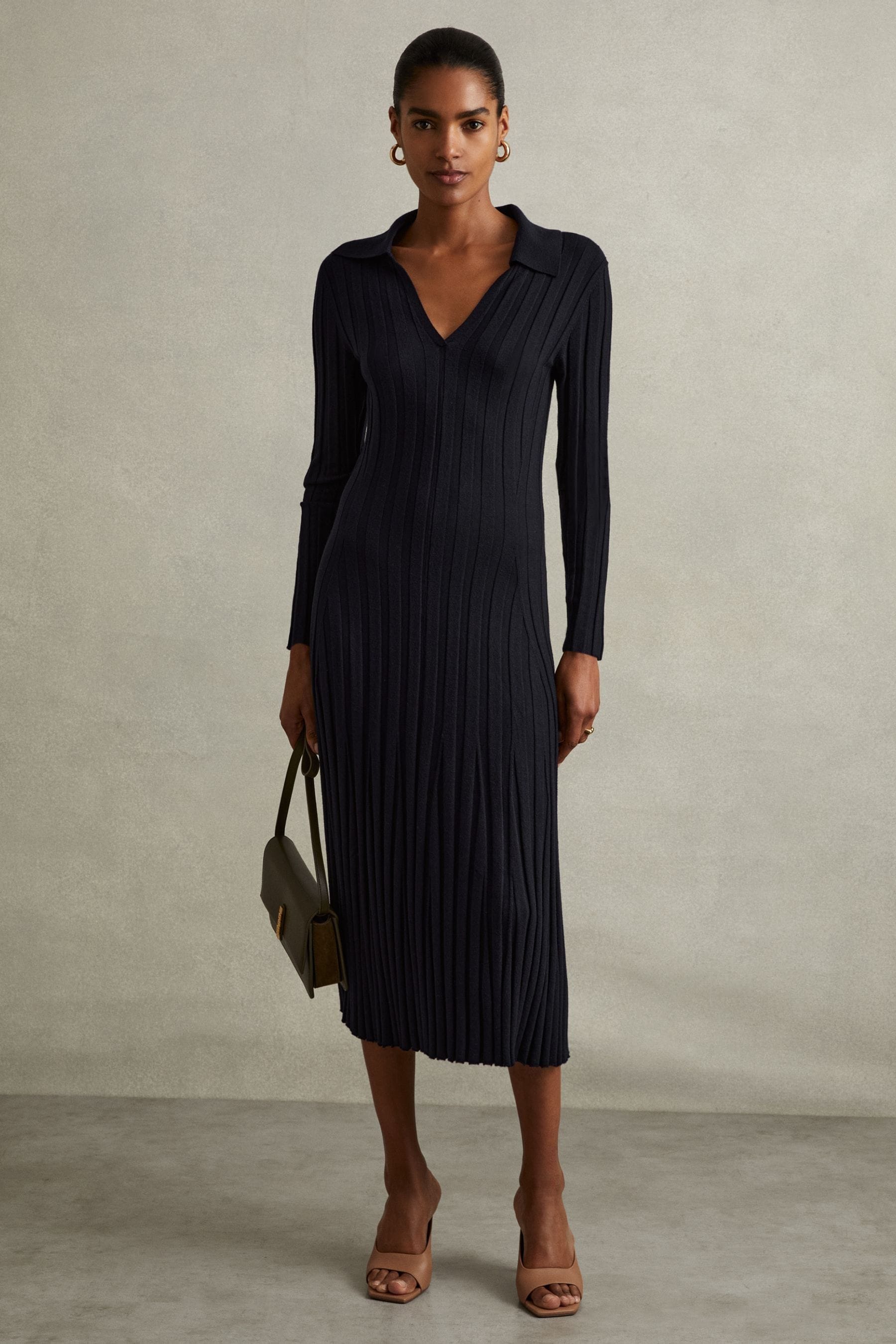 Shop Reiss Navy Winnie Knitted Open-collar Midi Dress