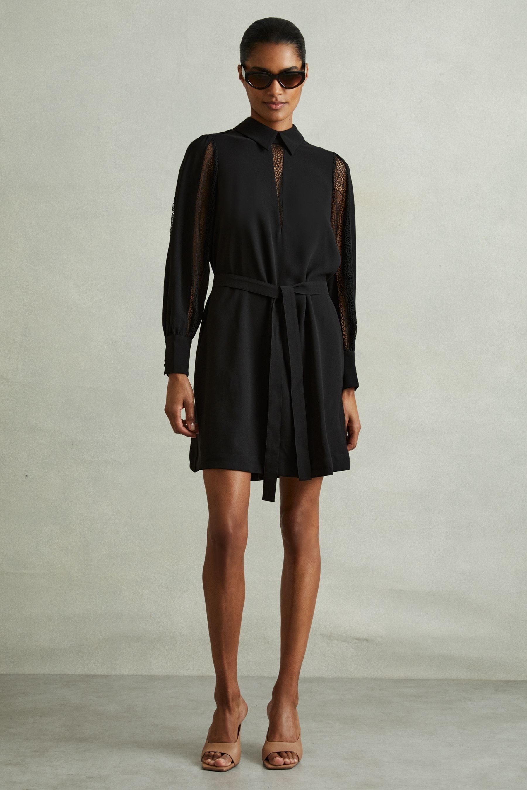 Reiss Black Lace Insert Mini Dress In Black