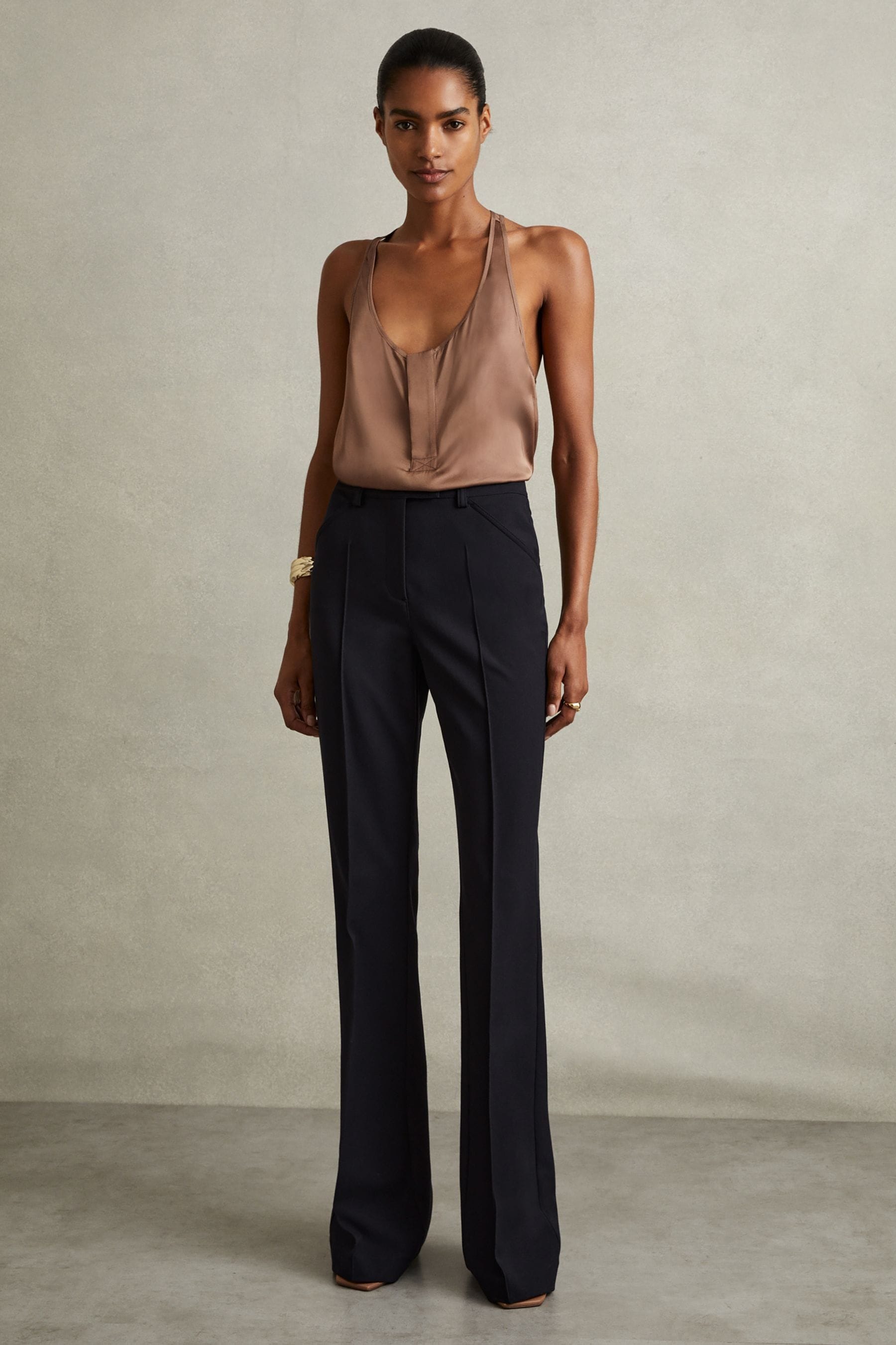 Reiss Navy Petite High Rise Flared Trousers, 12