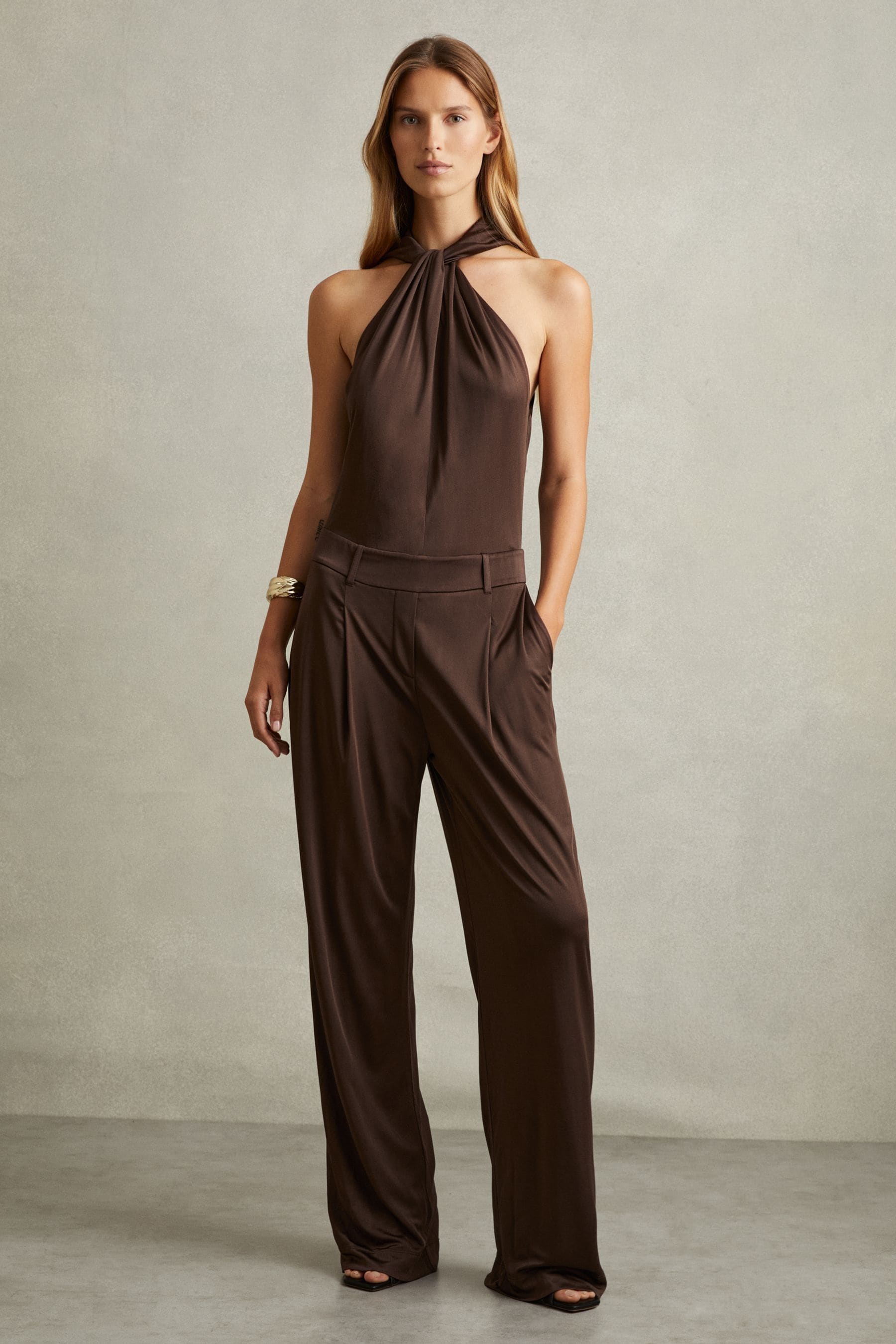 Reiss Chocolate Jersey Halter Neck Wide Leg Jumpsuit, 8