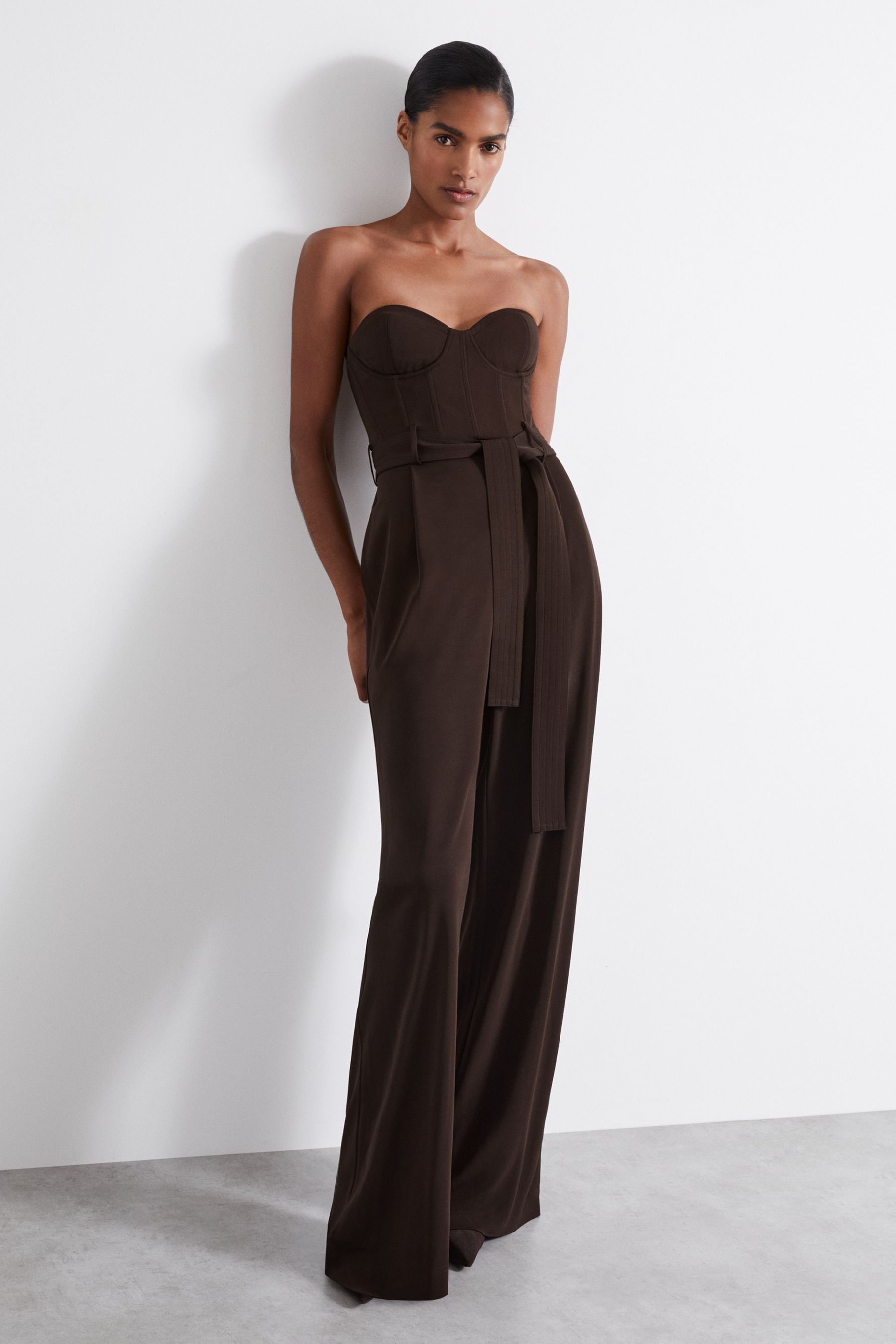 Reiss Estel Chocolate Atelier Strapless Crepe Bustier Jumpsuit, 14, Dark Brown