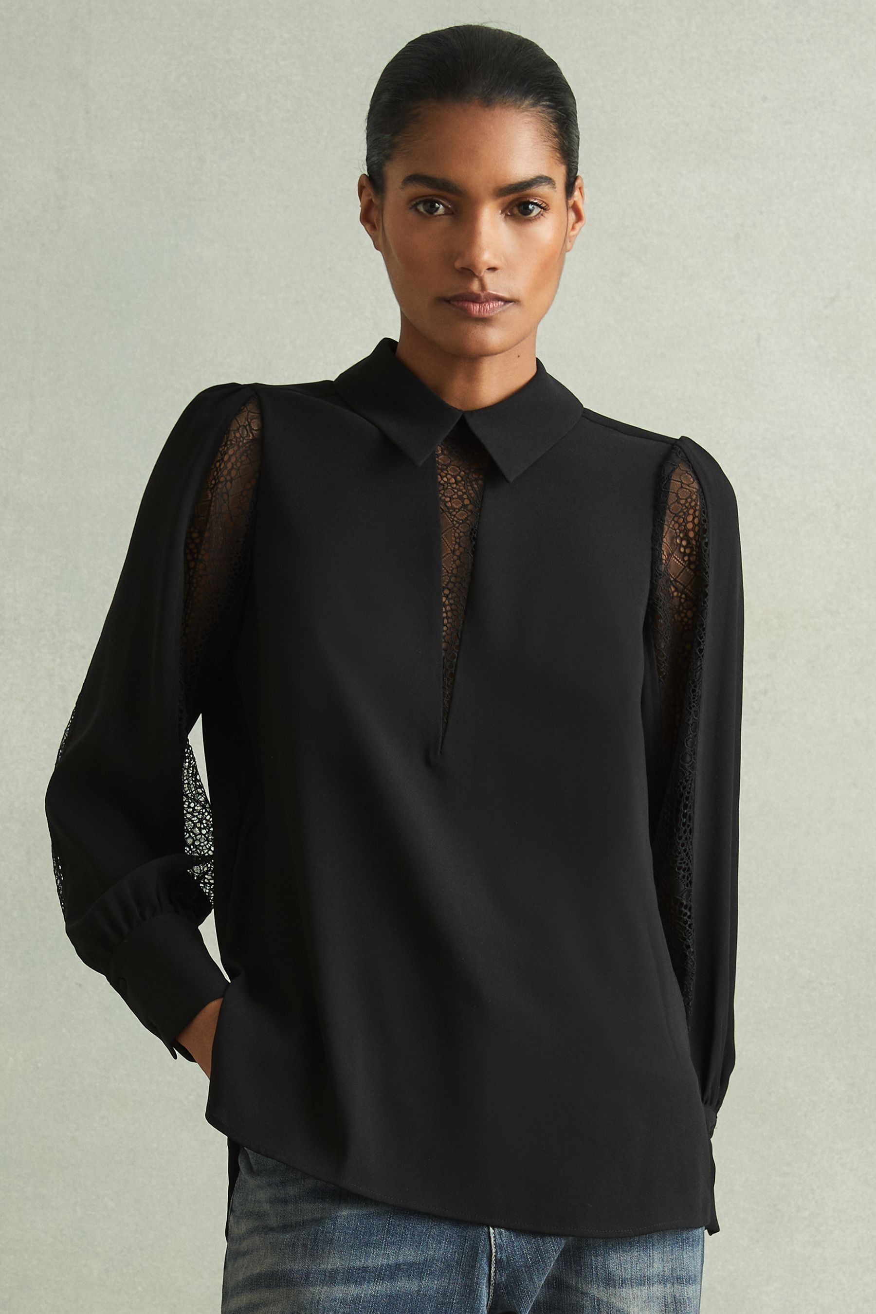 Shop Reiss Black Renata Lace Insert Blouse