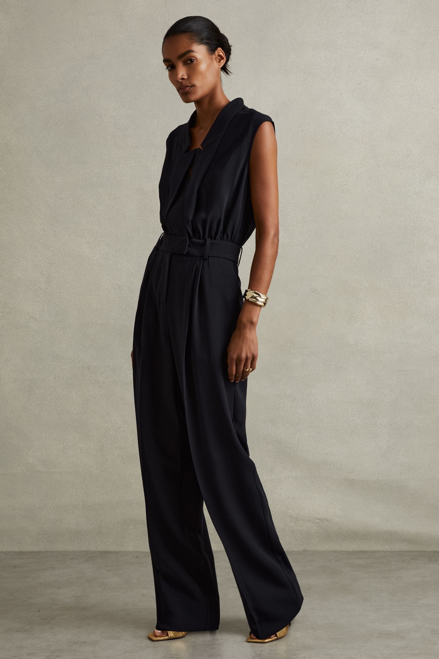REISS NAVY SARA TUX PLEATED JUMPSUIT