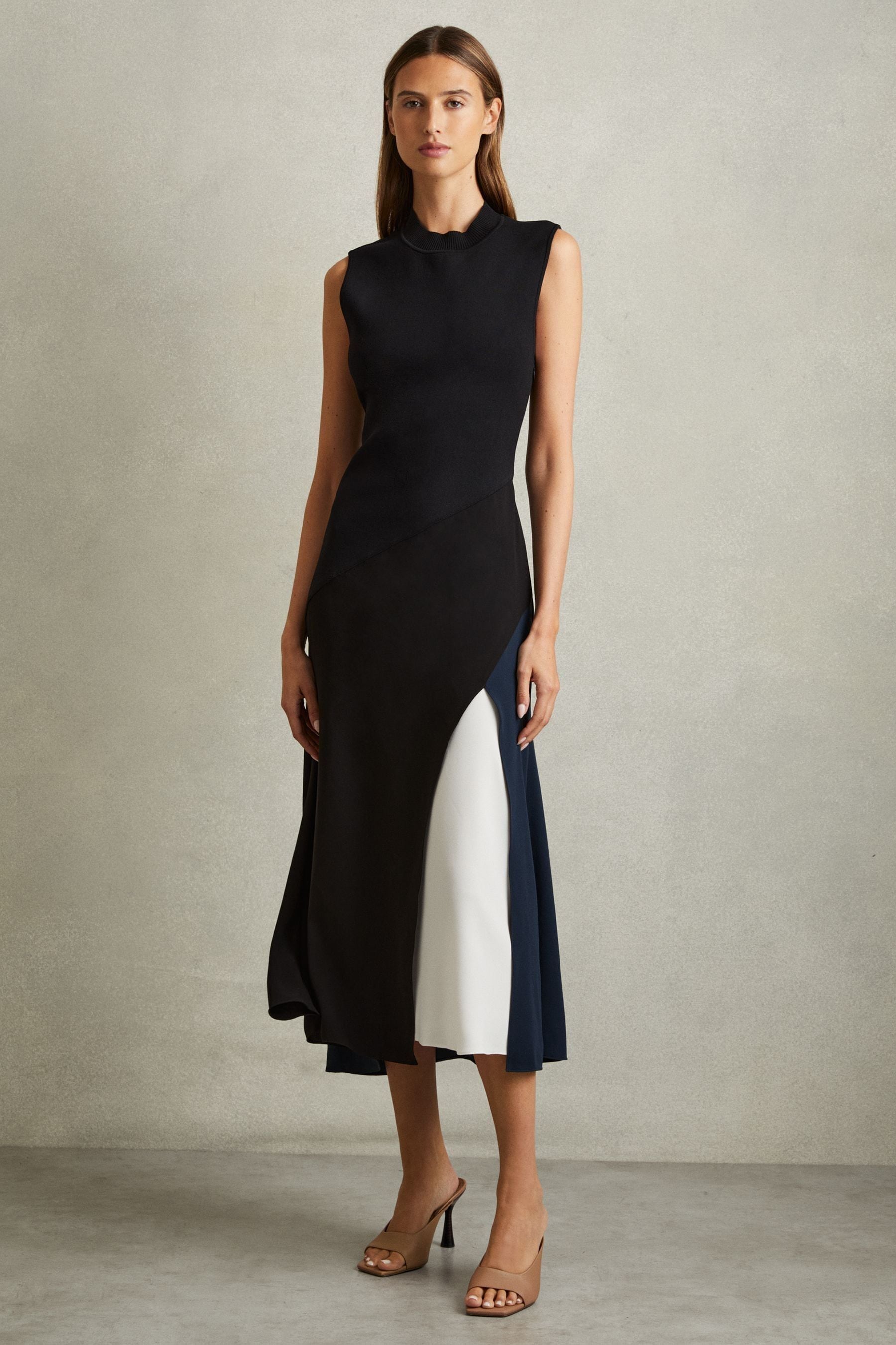 Reiss Faro - Black Block Colour Crepe Midi Dress, S, Navy/Camel