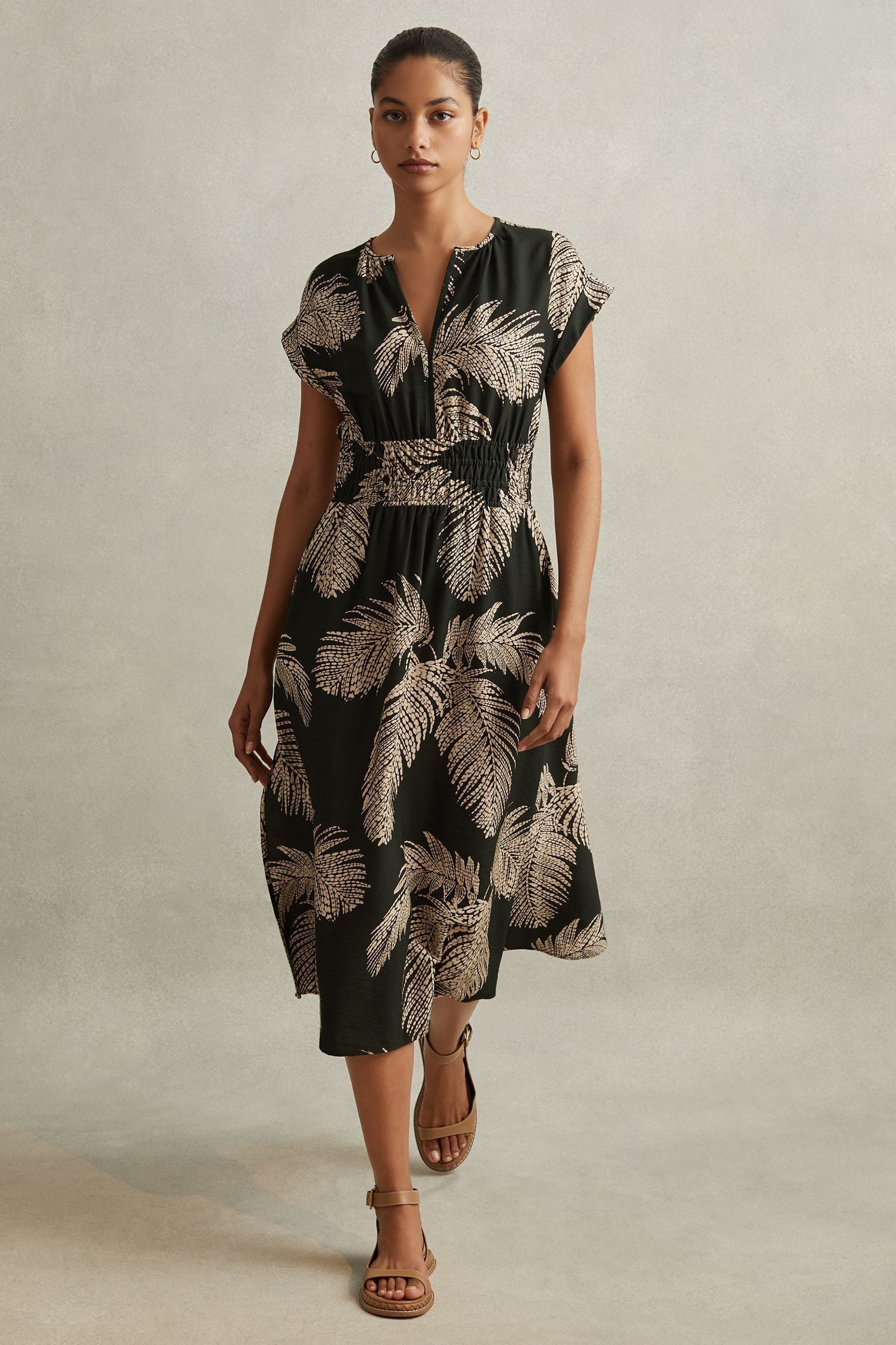 Shop Reiss Colby - Khaki Tropical Print Elasticated Waist Midi Dress, Us 6