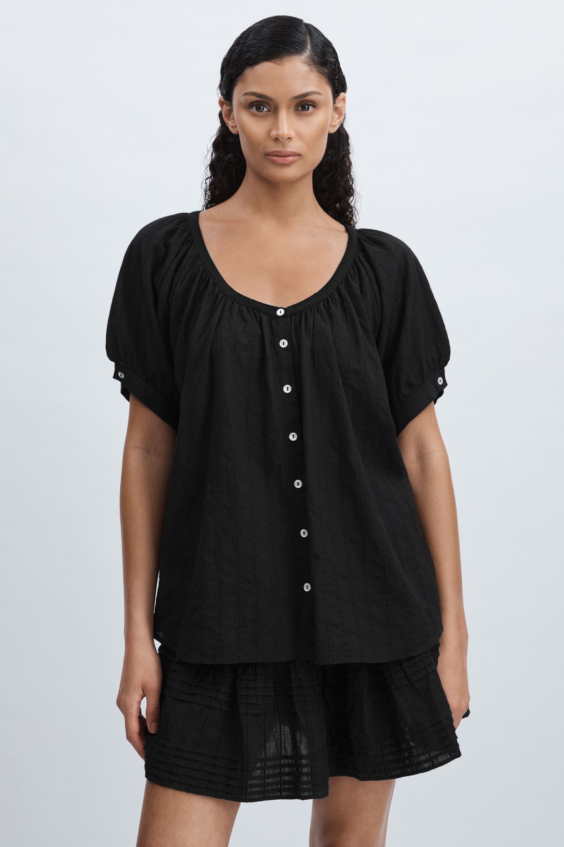 Mille Puff-sleeve Button-through Top In Black
