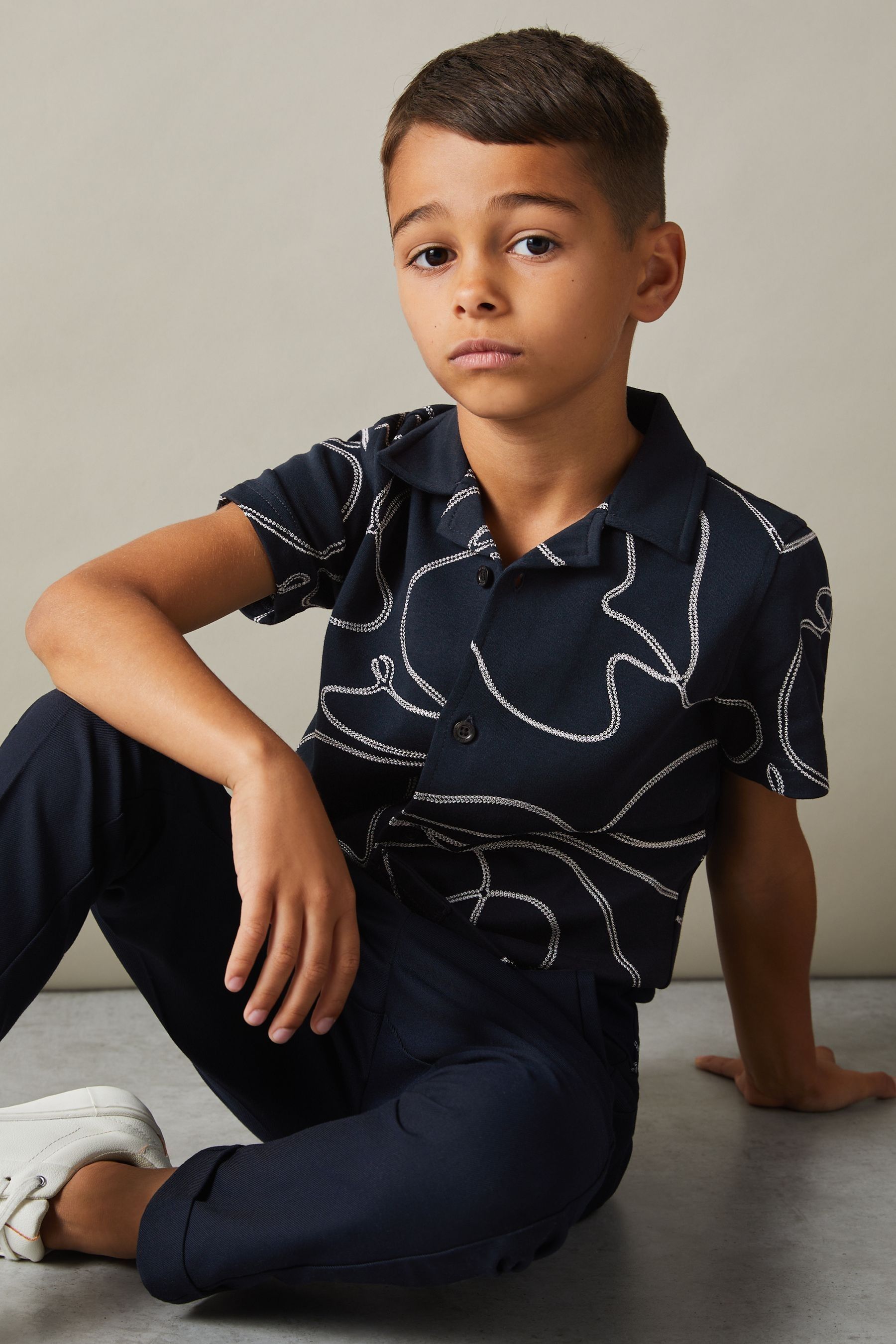 Reiss Navy Cotton Jersey Embroidered Shirt In Navy