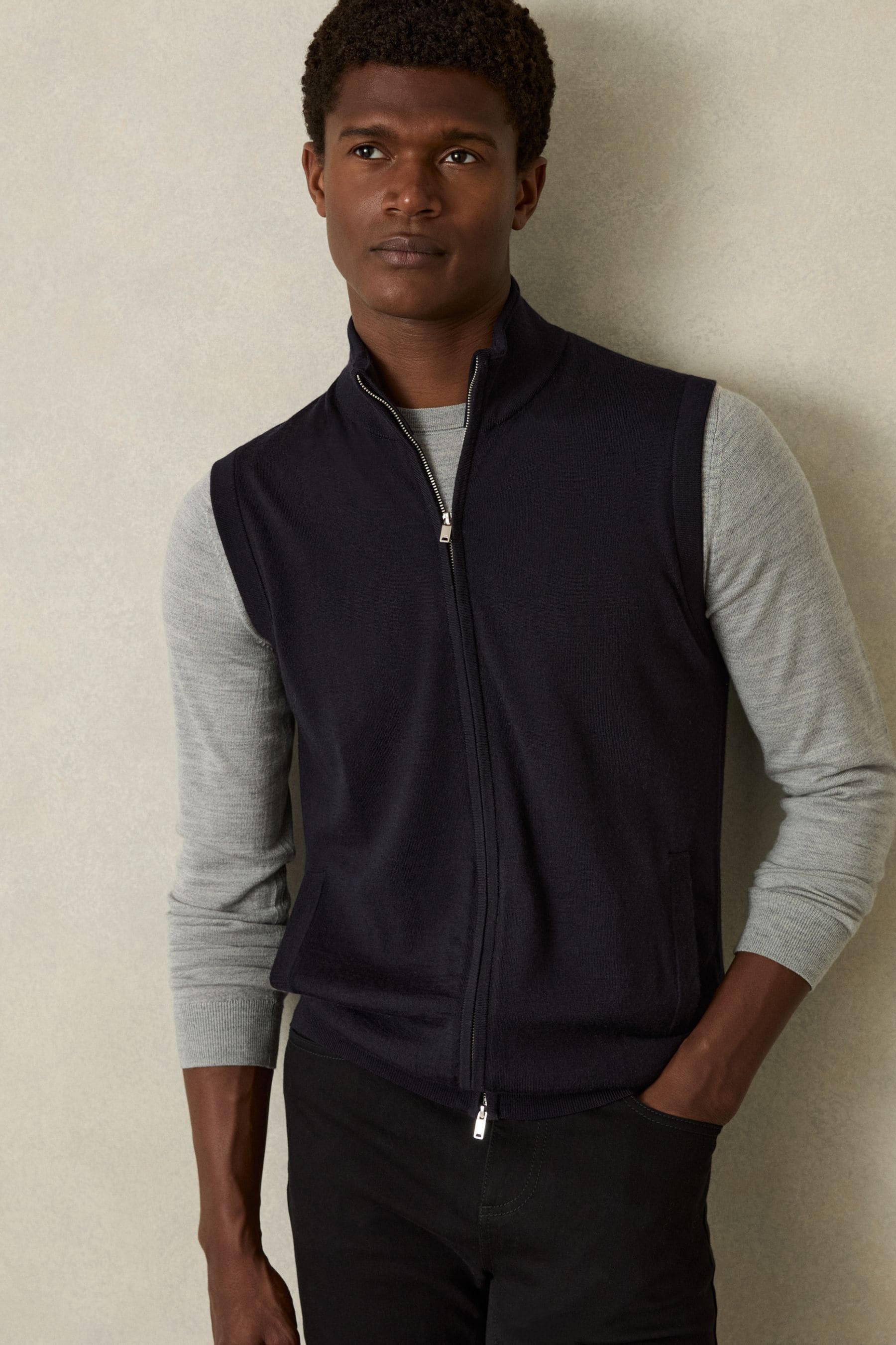 Shop Reiss Navy Leeds Merino Wool Zip-through Gilet