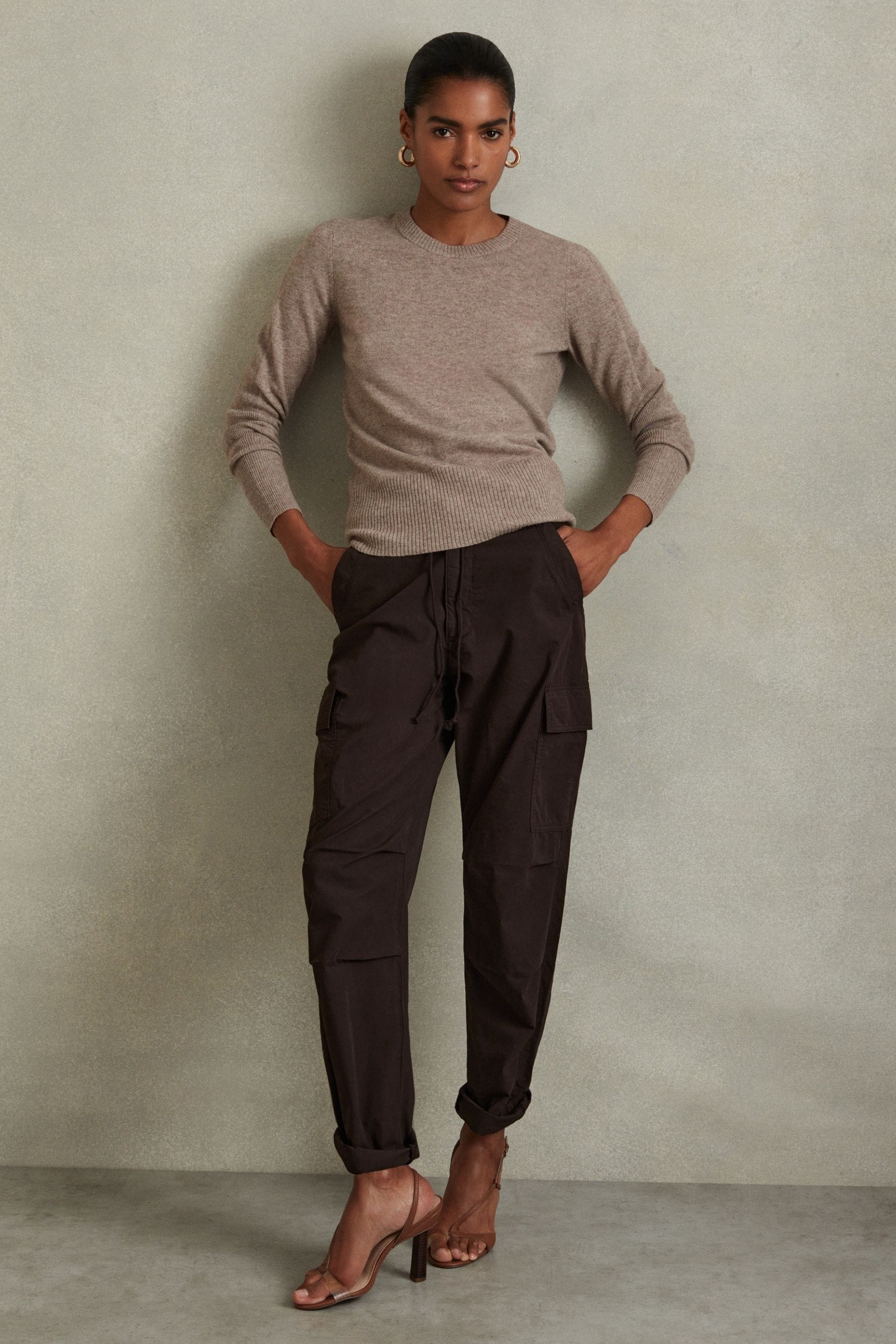 Reiss Chocolate Tapered Drawstring Cotton Combat Trousers, 14