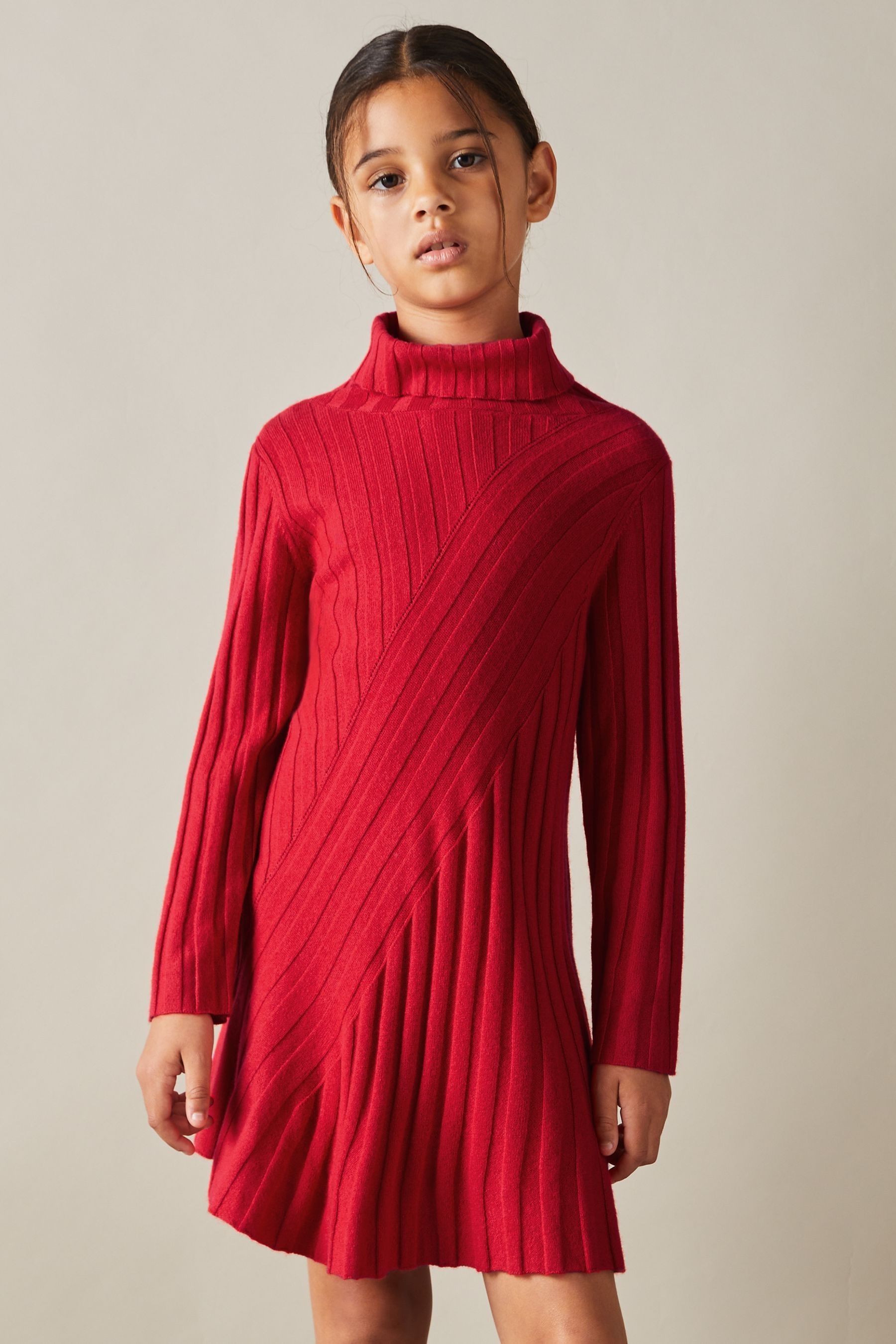 Reiss Cady Red 9-13 yrs Knitted Roll Neck Dress, K12, Navy/Camel