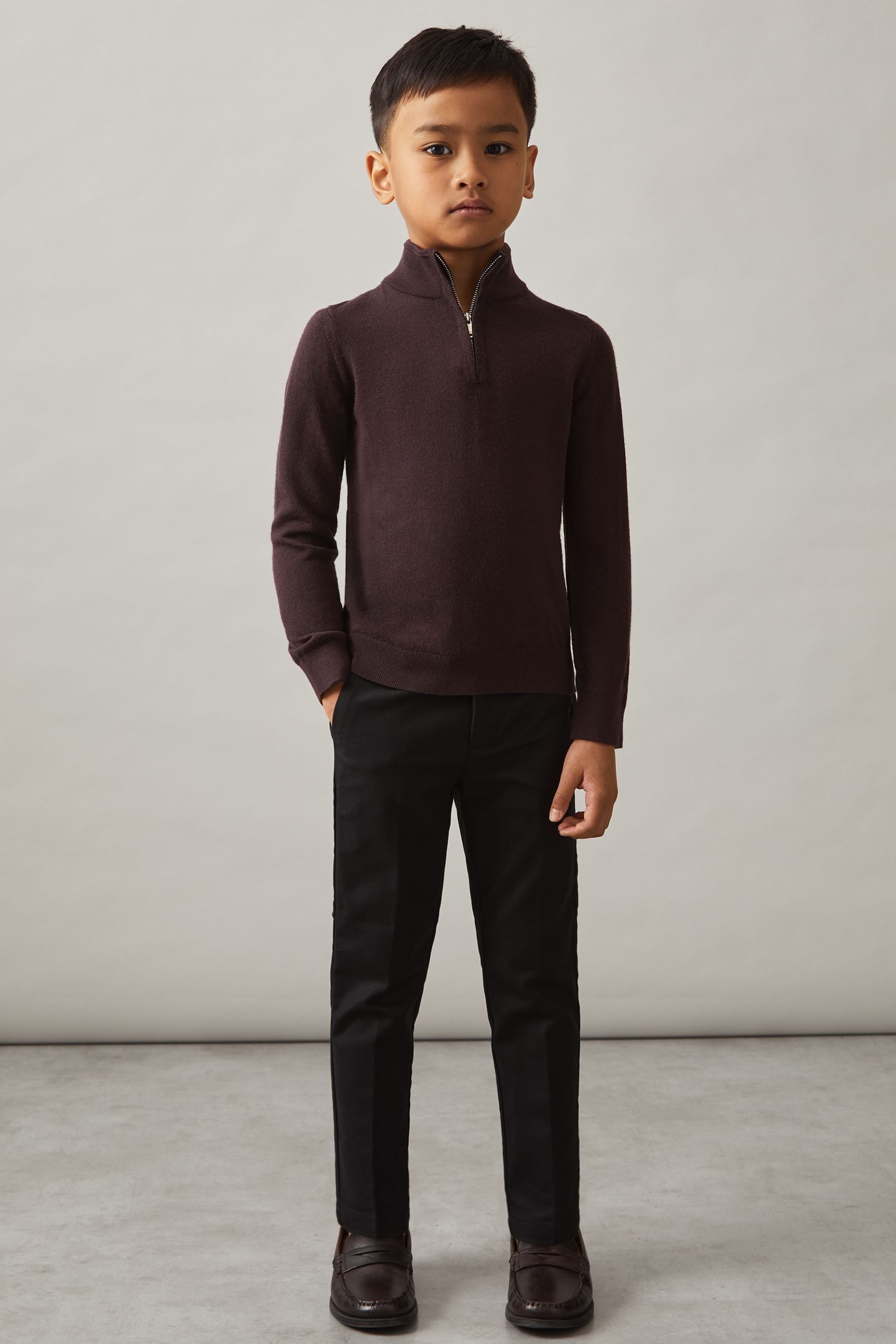 Reiss Dark Bordeaux Blackhall Junior Merino Wool Half-zip Funnel Neck Jumper In Dark Bordeaux