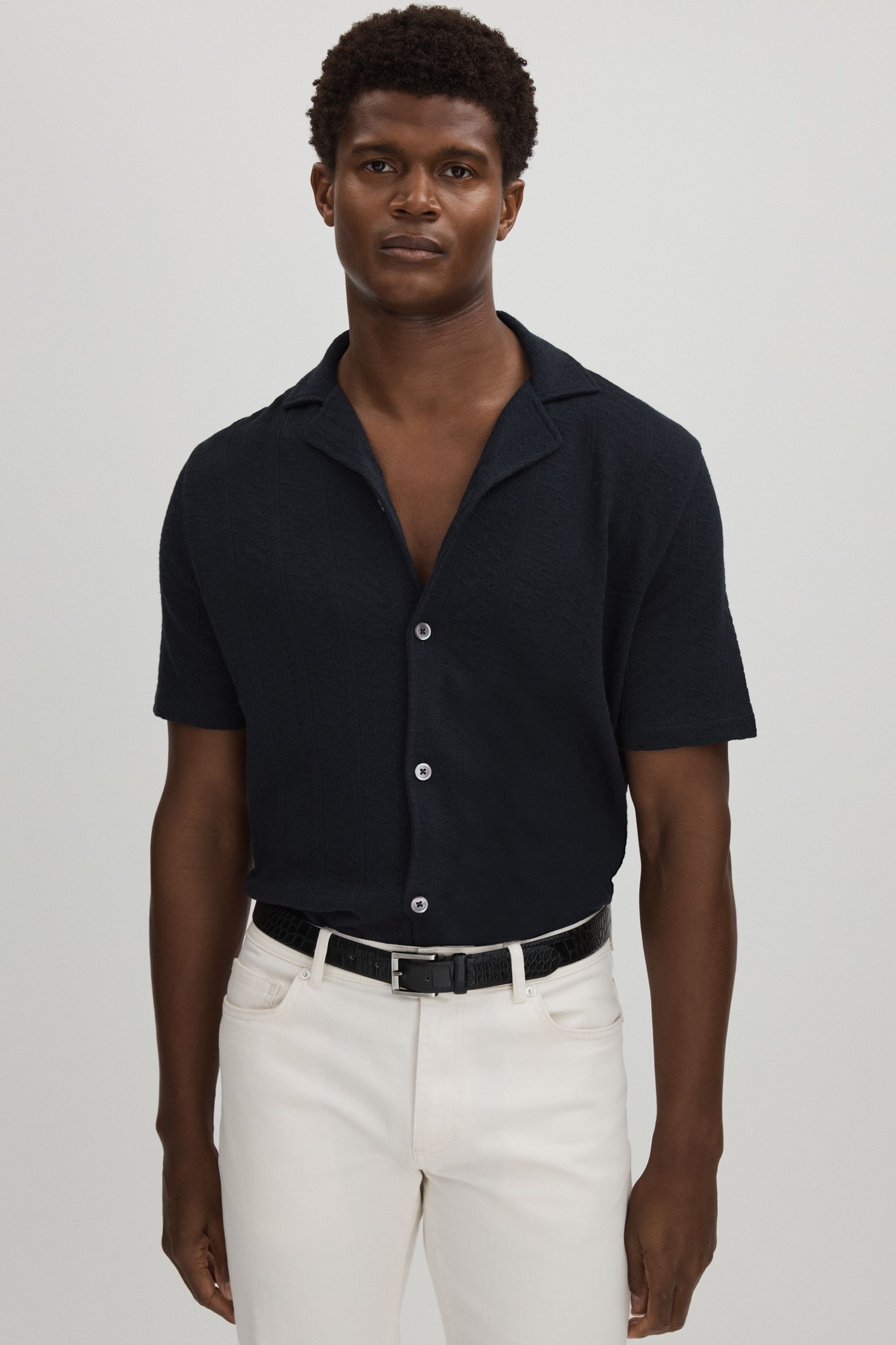 Oscar Jacobson Cotton Open-Collar Polo, Navy, XL