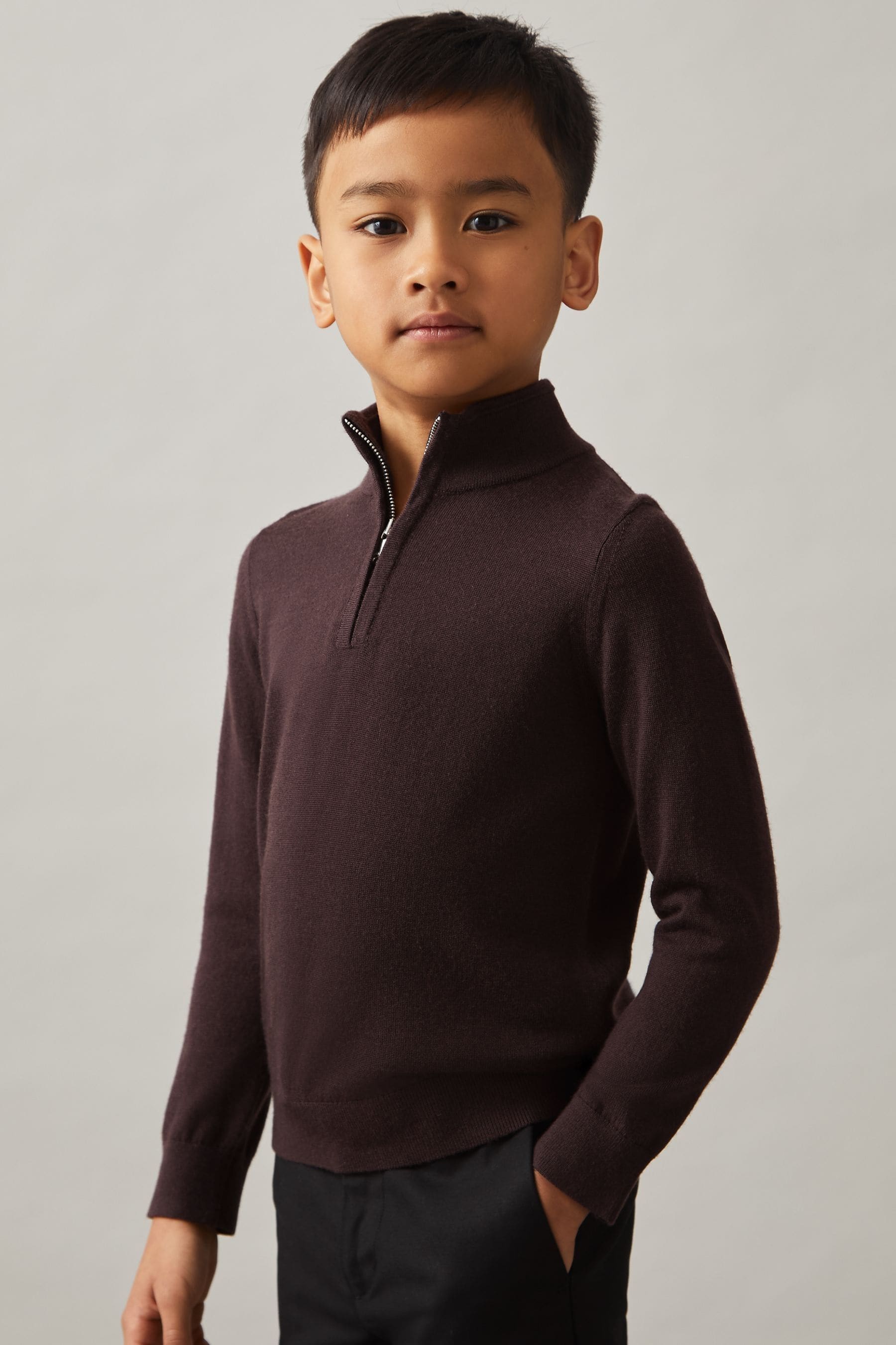 Reiss Dark Bordeaux Blackhall Senior Merino Wool Half-zip Funnel Neck Jumper In Dark Bordeaux