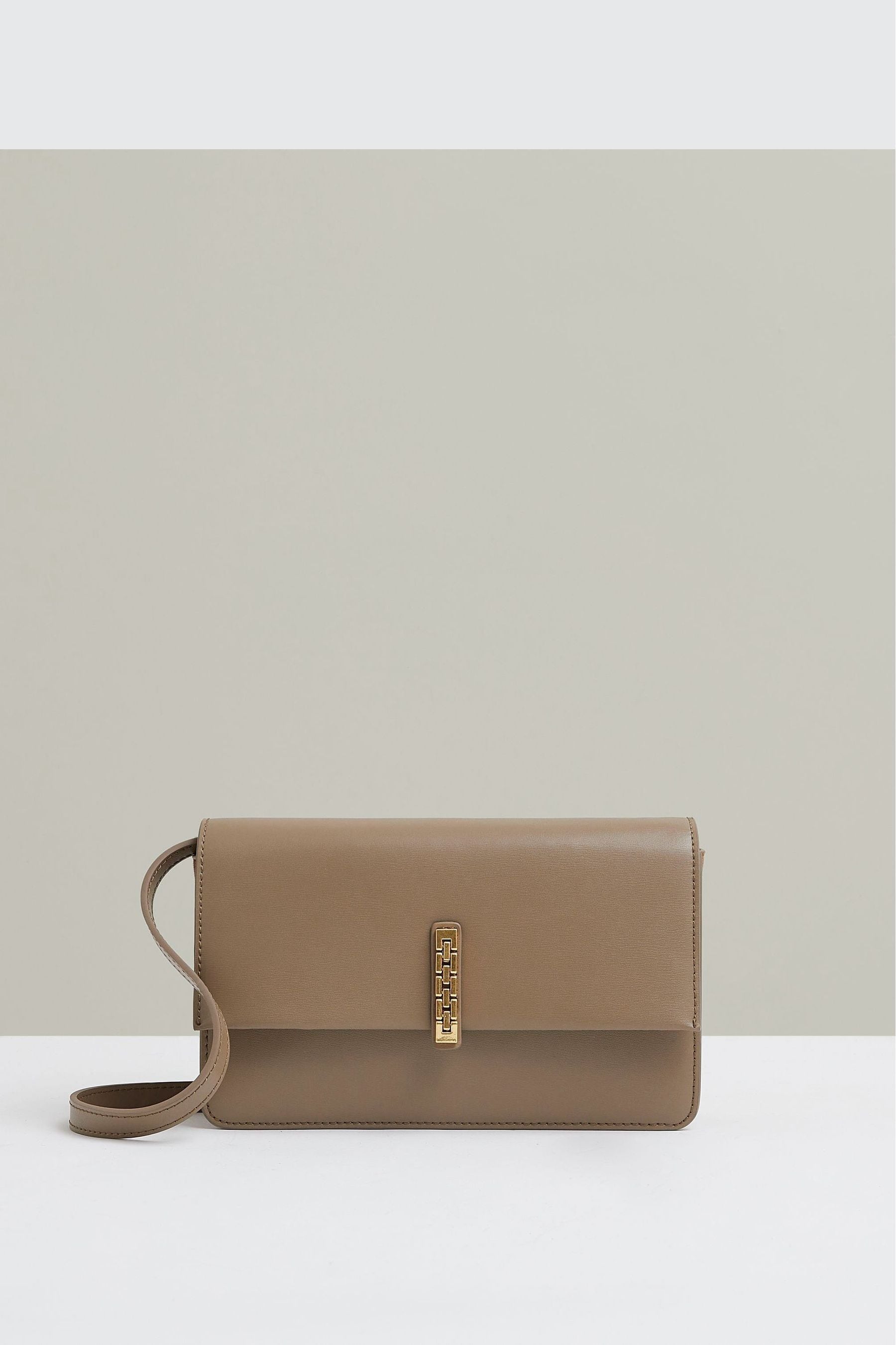 Reiss Sophia Taupe Leather Suede Chain Cross-body Bag, 15x23.5x5cm, Beige
