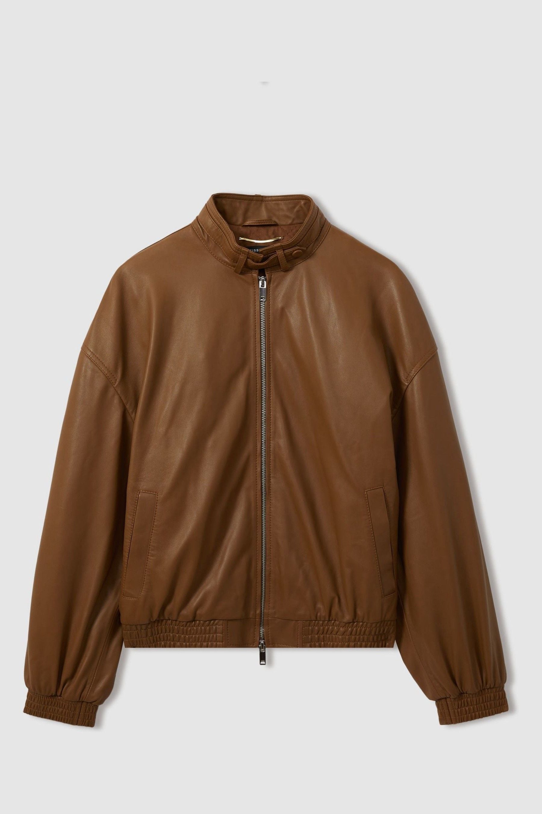Reiss Women'S Tan Leather Latched-Collar Bomber Jacket, Size: 16