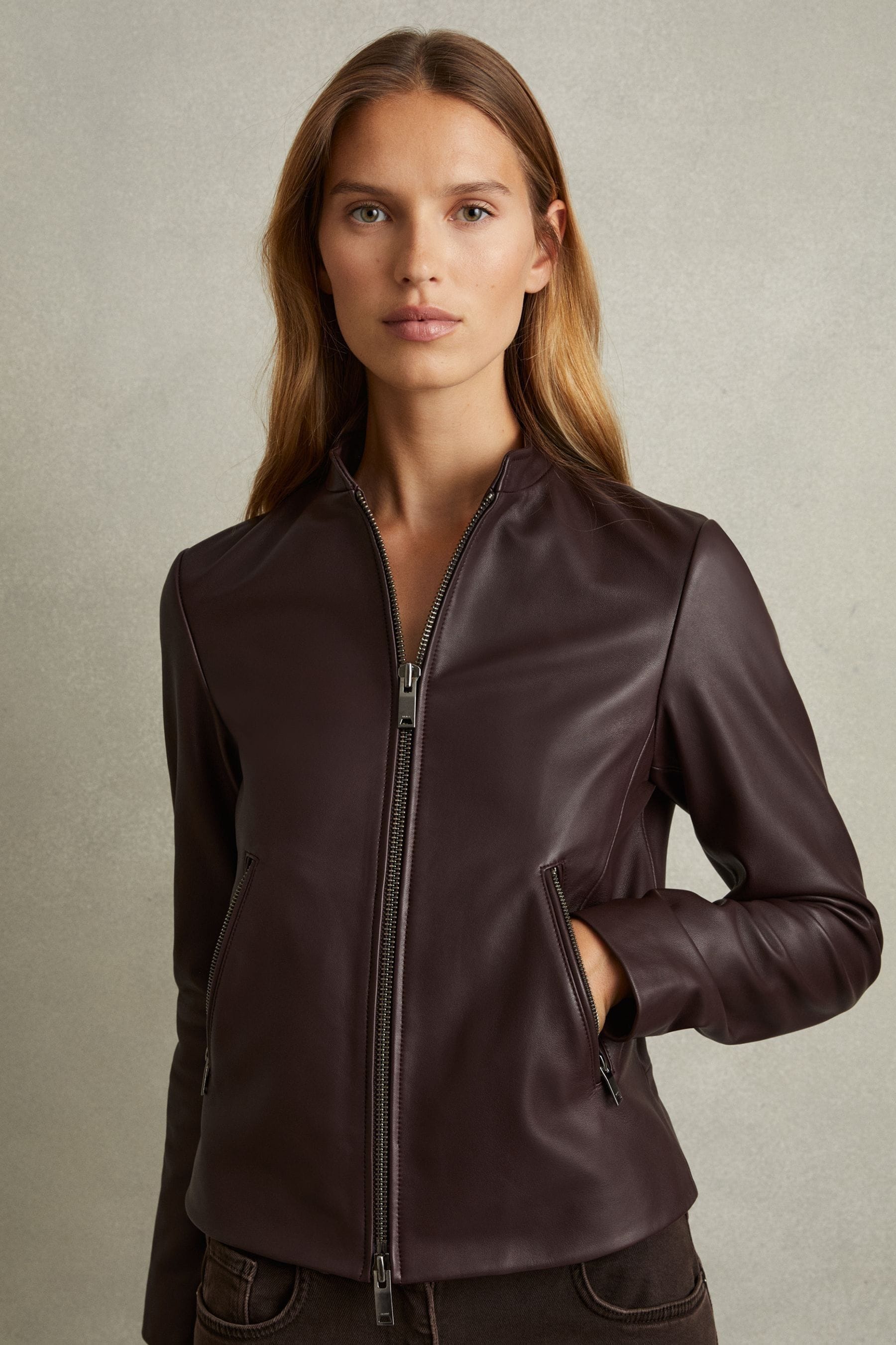 Reiss Allie Berry Leather Collarless Biker Jacket, 10, Dark Brown