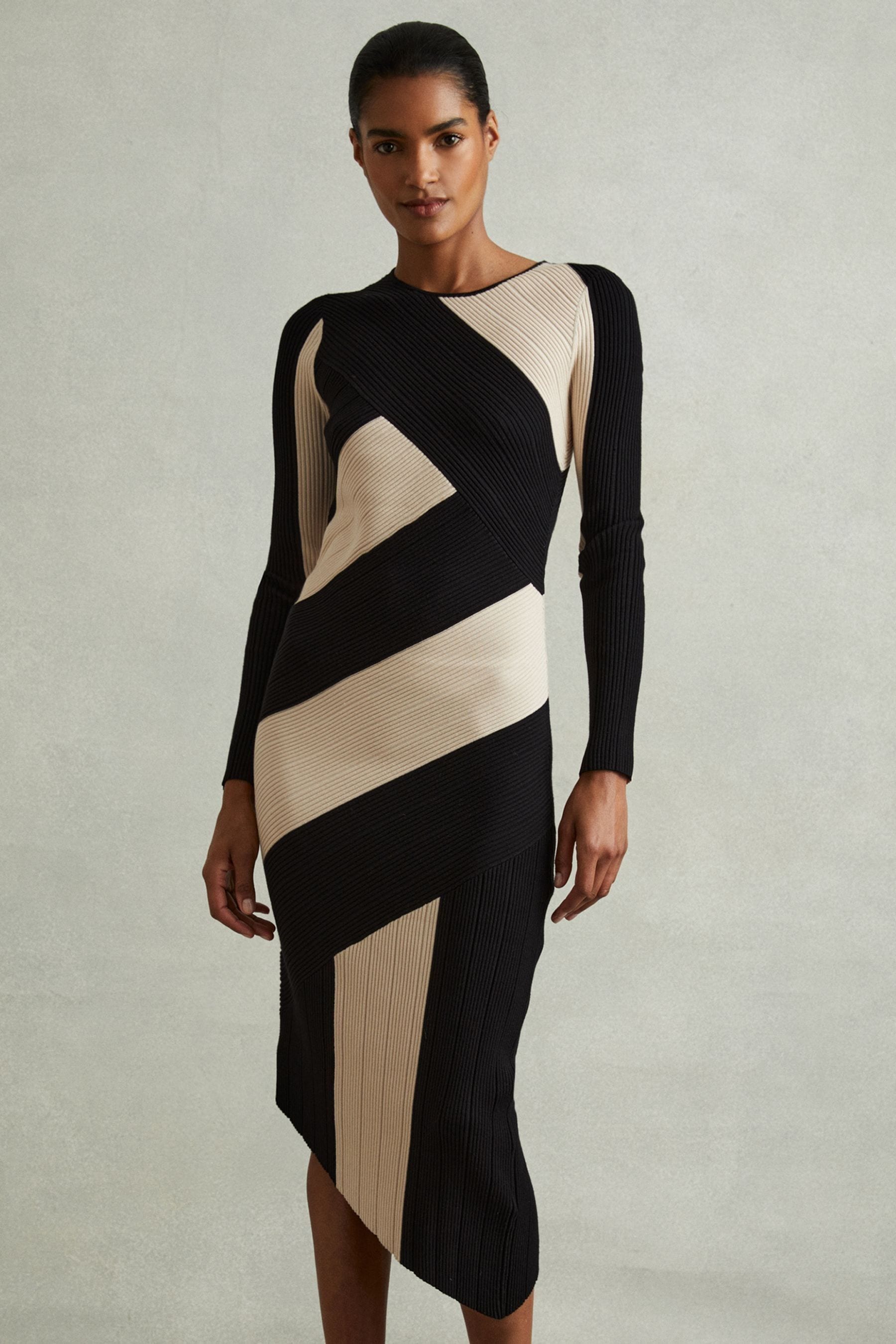 Reiss Black/camel Jem Petite Knitted Colourblock Asymmetric Midi Dress