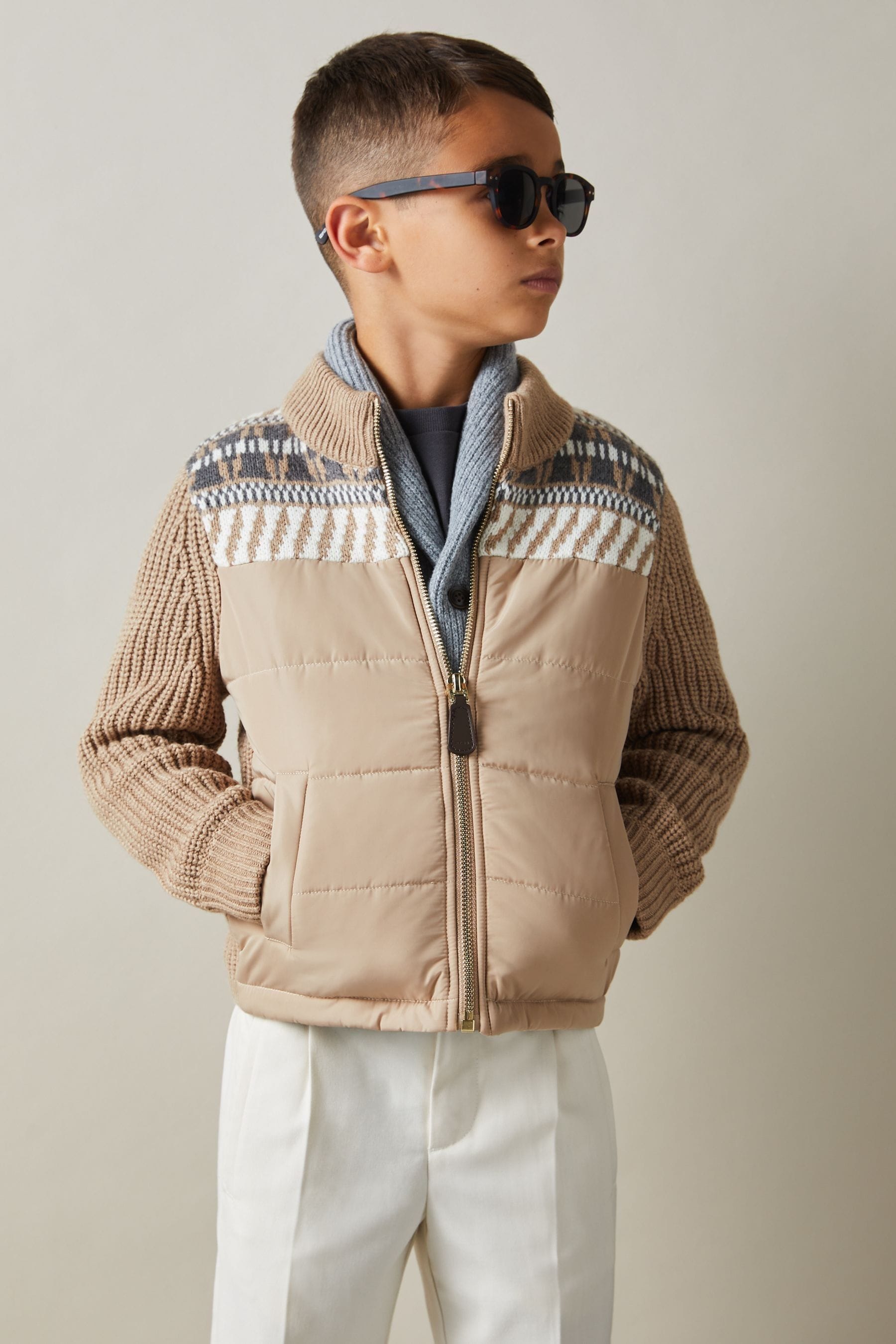 Reiss Oatmeal Melange Hybrid Knit And Quilt Funnel Neck Jacket In Oatmeal Melange
