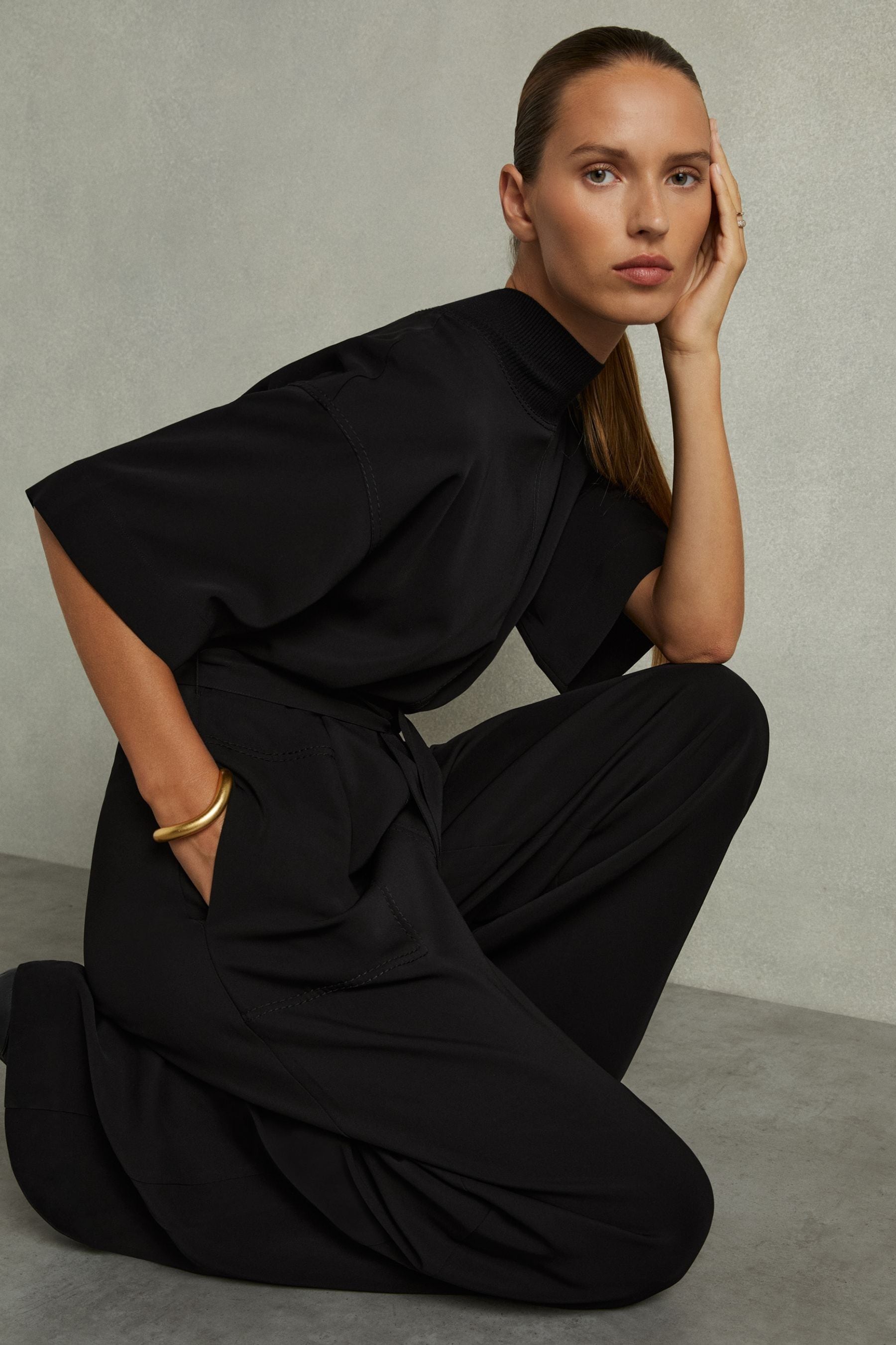 Reiss Ruby Black Topstitched-Cady Jumpsuit, 8, Camel/Navy