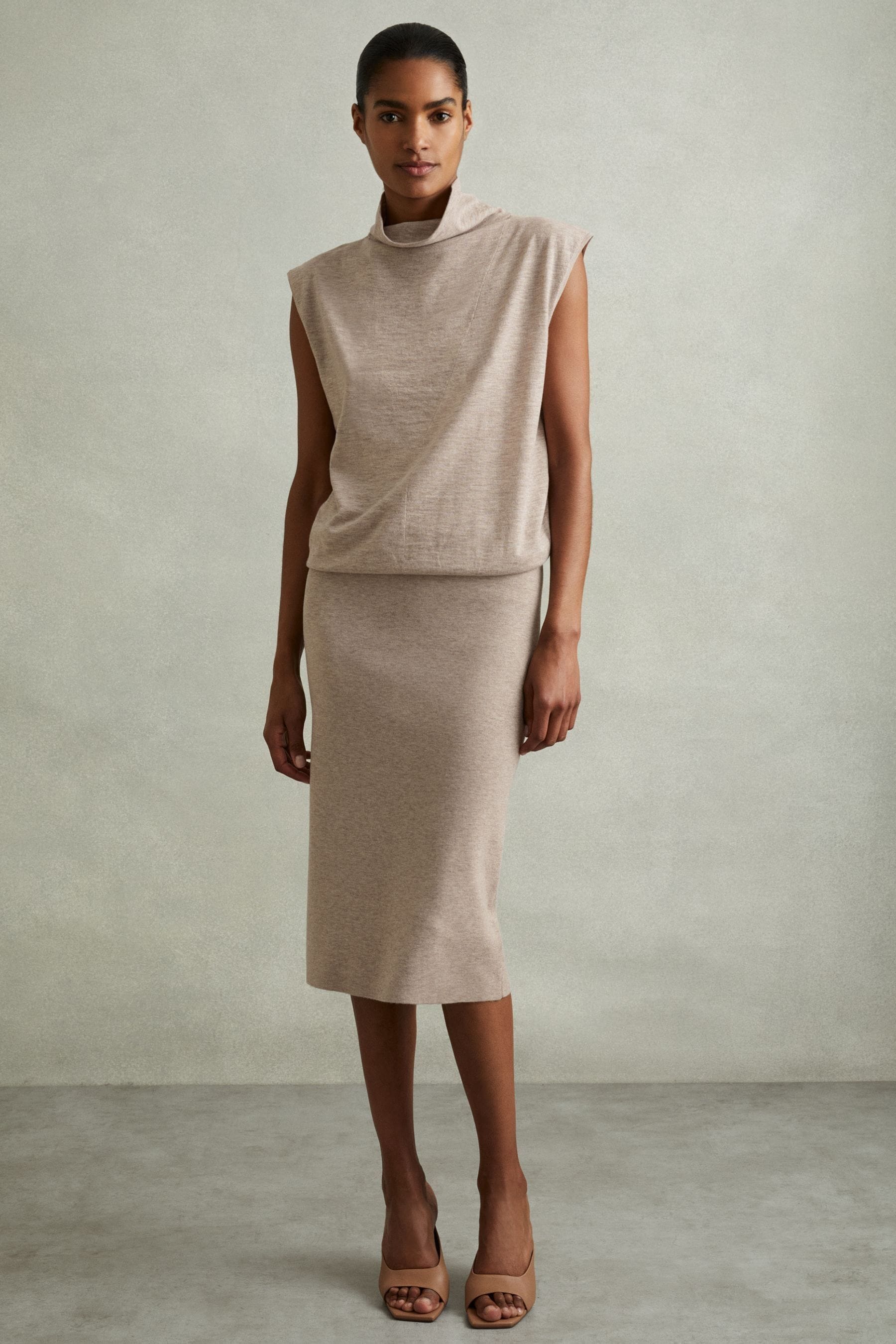 Reiss Neutral Knitted Wool-cashmere Blouson Top Midi Dress