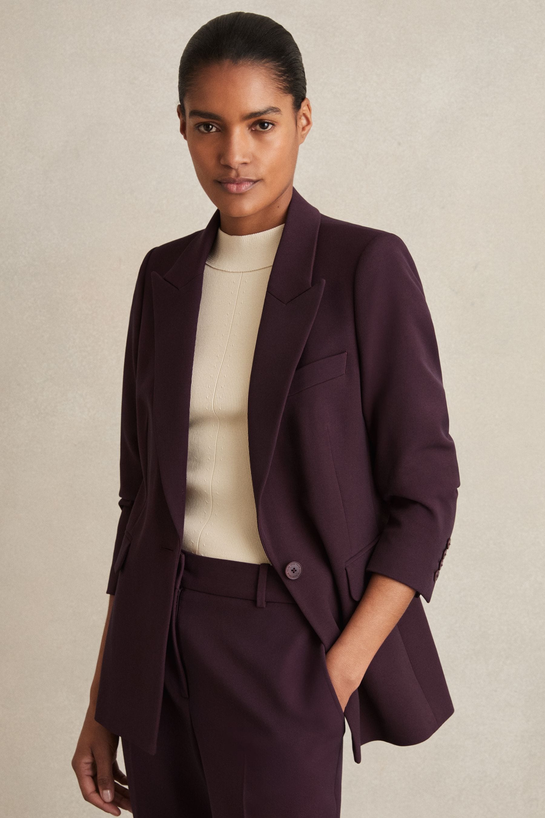 Reiss Gabi - Berry Petite Tailored Single Breasted Suit Blazer, 12, Camel/Navy