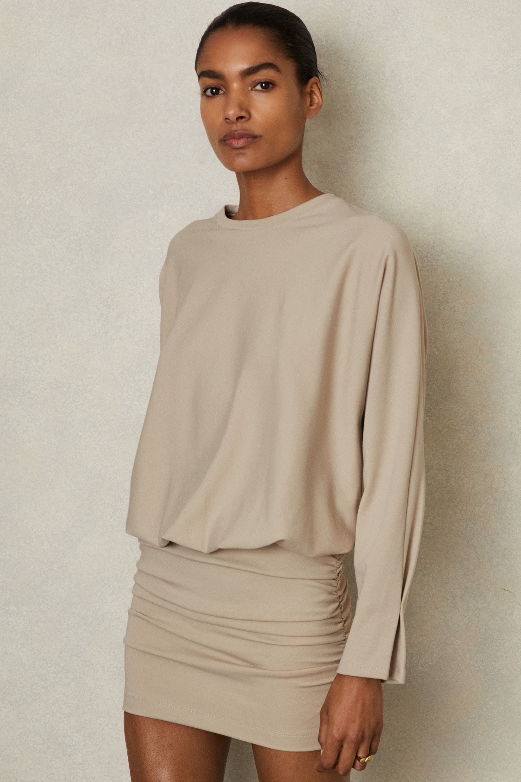 Reiss Neutral Ruched Jersey Blouson Top Mini Dress In Neutral