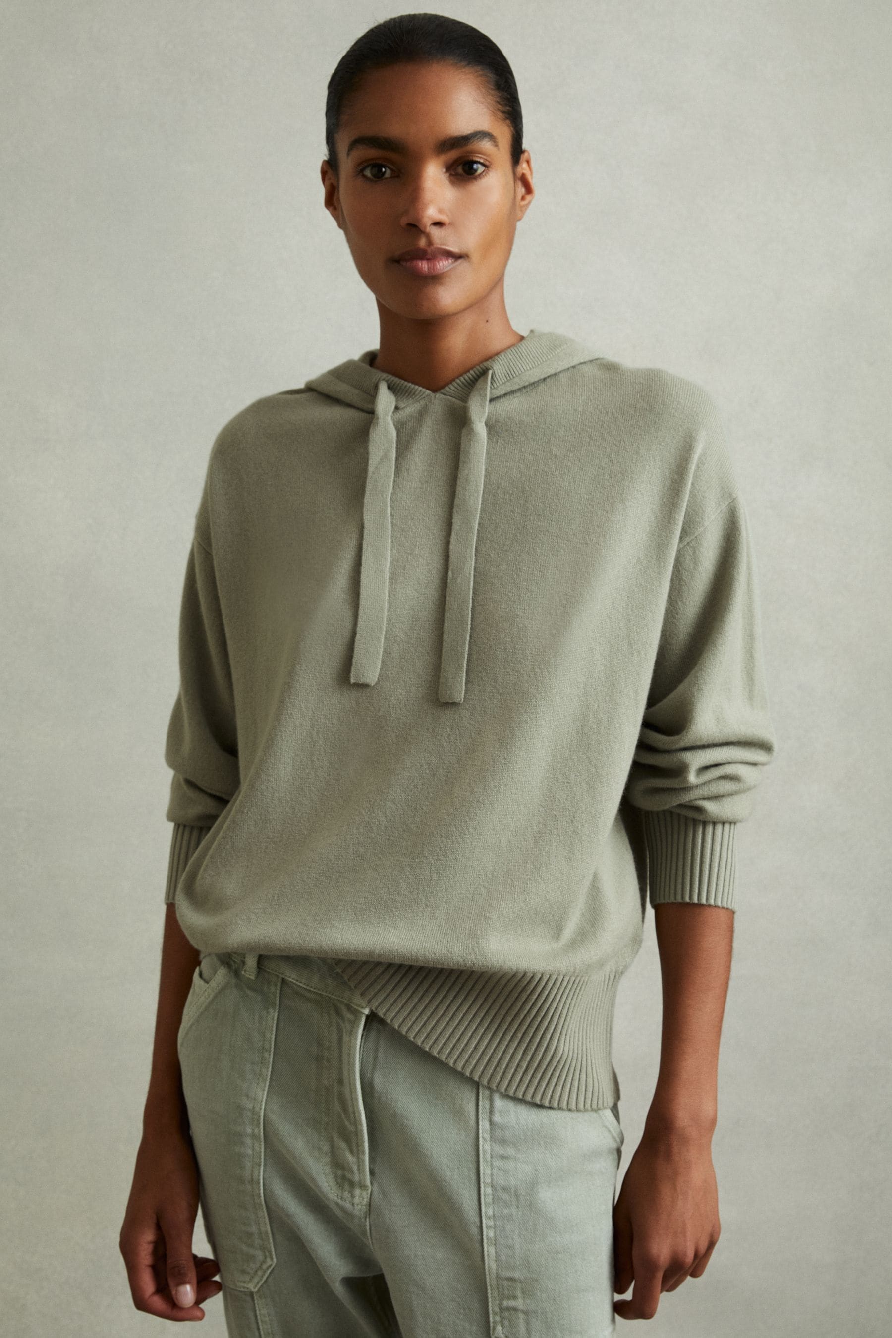 Reiss Sage Sammie Wool Blend Drawstring Hoodie With Cashmere In Sage